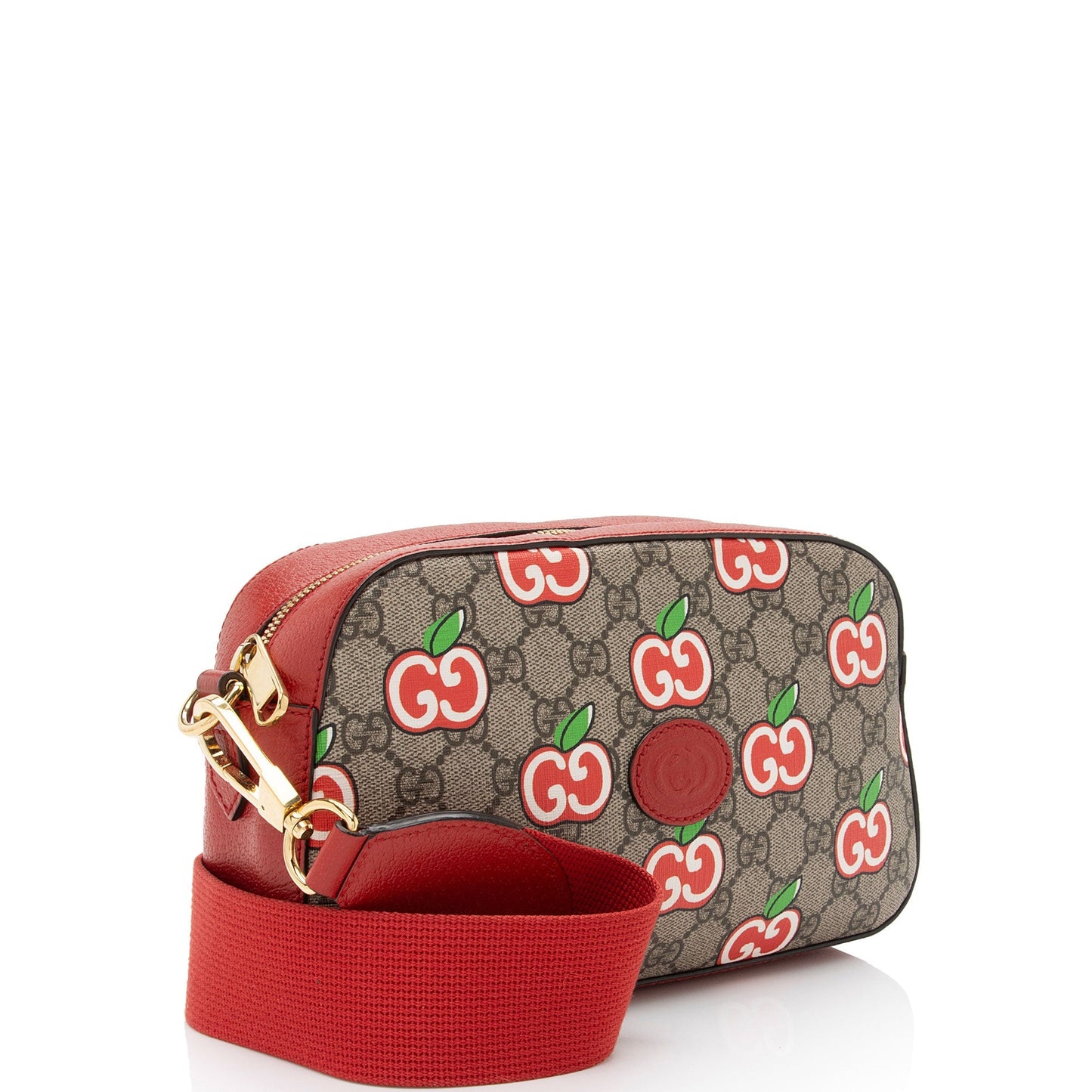 Gucci GG Supreme Apple Camera Leather Canvas Beige Red Crossbody Bag