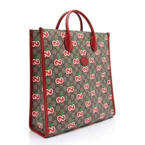 Gucci GG Supreme Apple N S Monogram Leather Canvas Beige Tote Bag