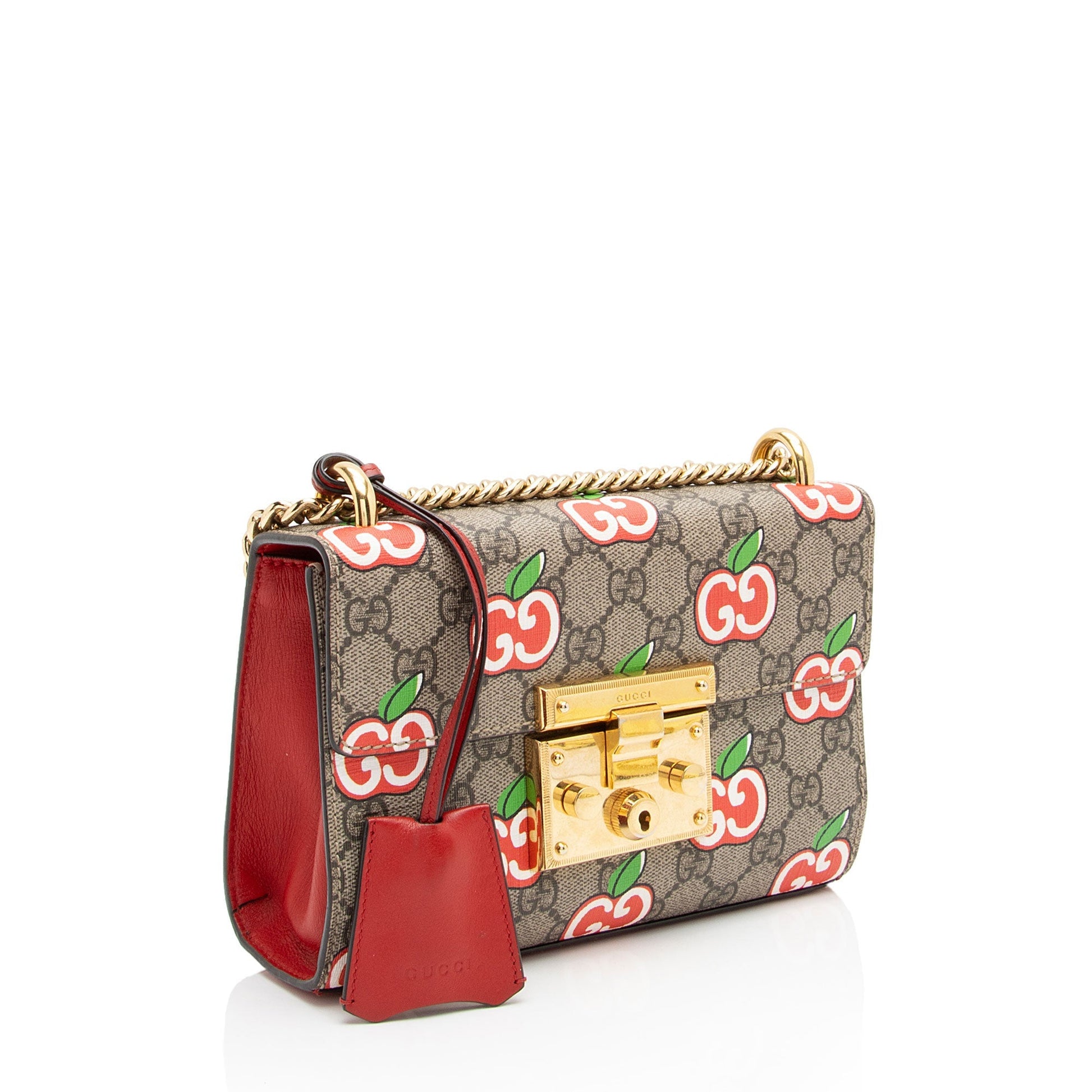 Gucci GG Supreme Apple Padlock Leather Canvas Beige Red Crossbody Bag