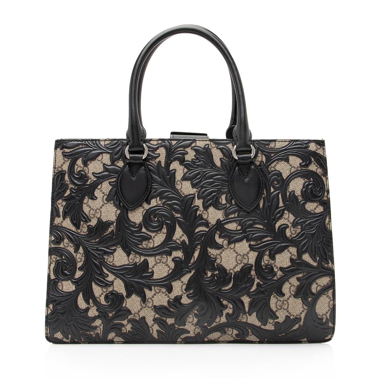 Gucci GG Supreme Arabesque Top Handle Leather Canvas Black Beige Tote Bag