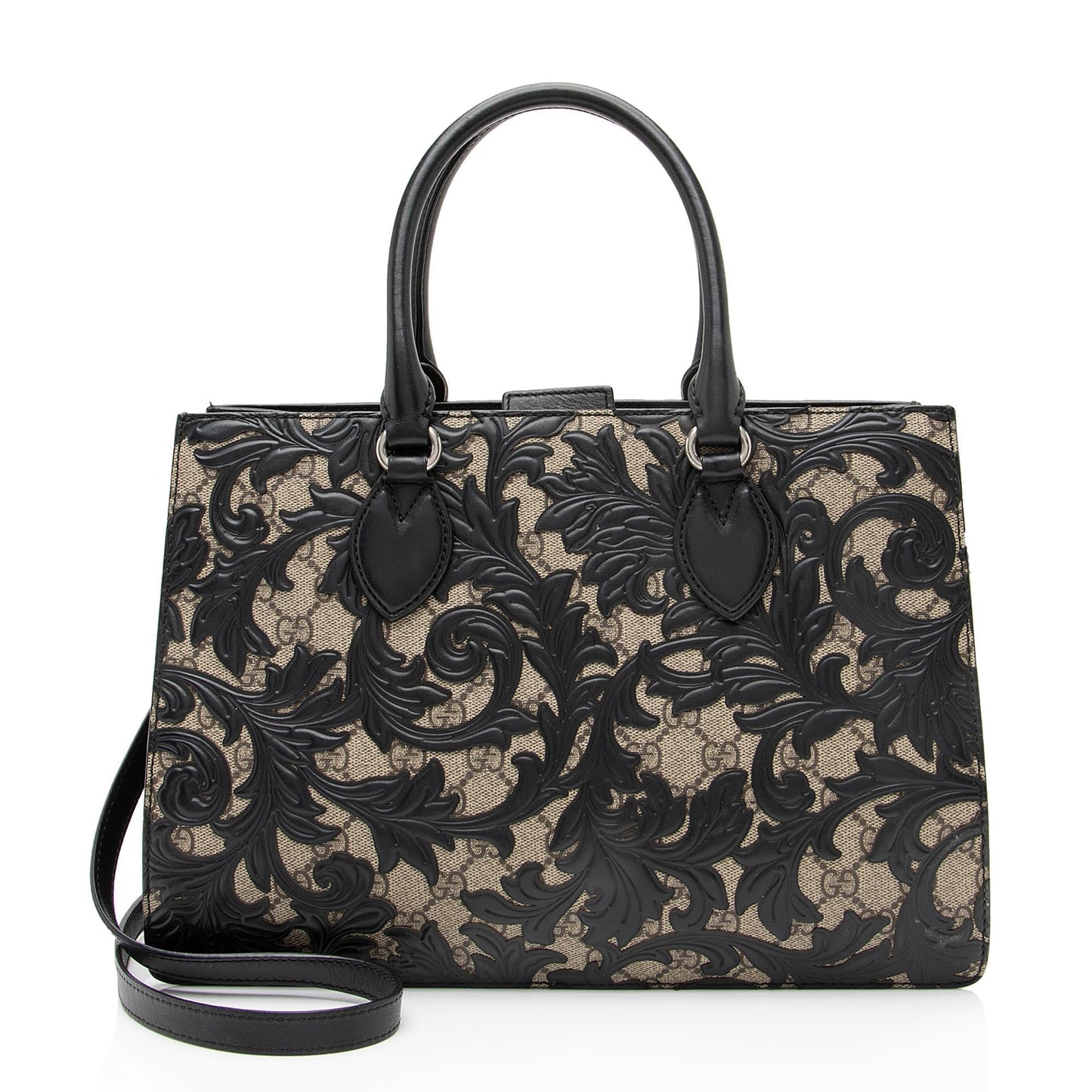 Gucci GG Supreme Arabesque Top Handle Leather Canvas Black Beige Tote Bag