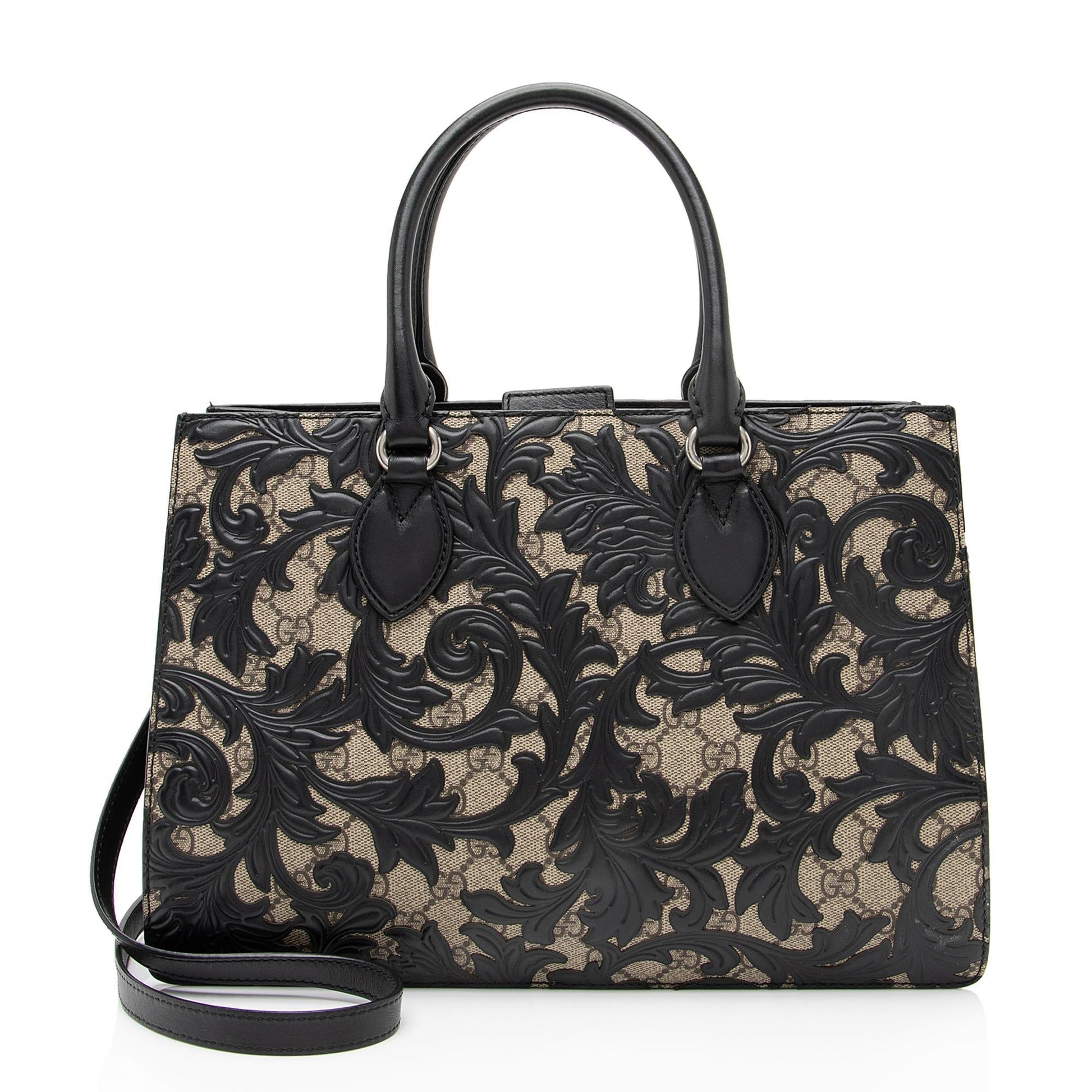 Gucci GG Supreme Arabesque Top Handle Leather Canvas Black Beige Tote Bag