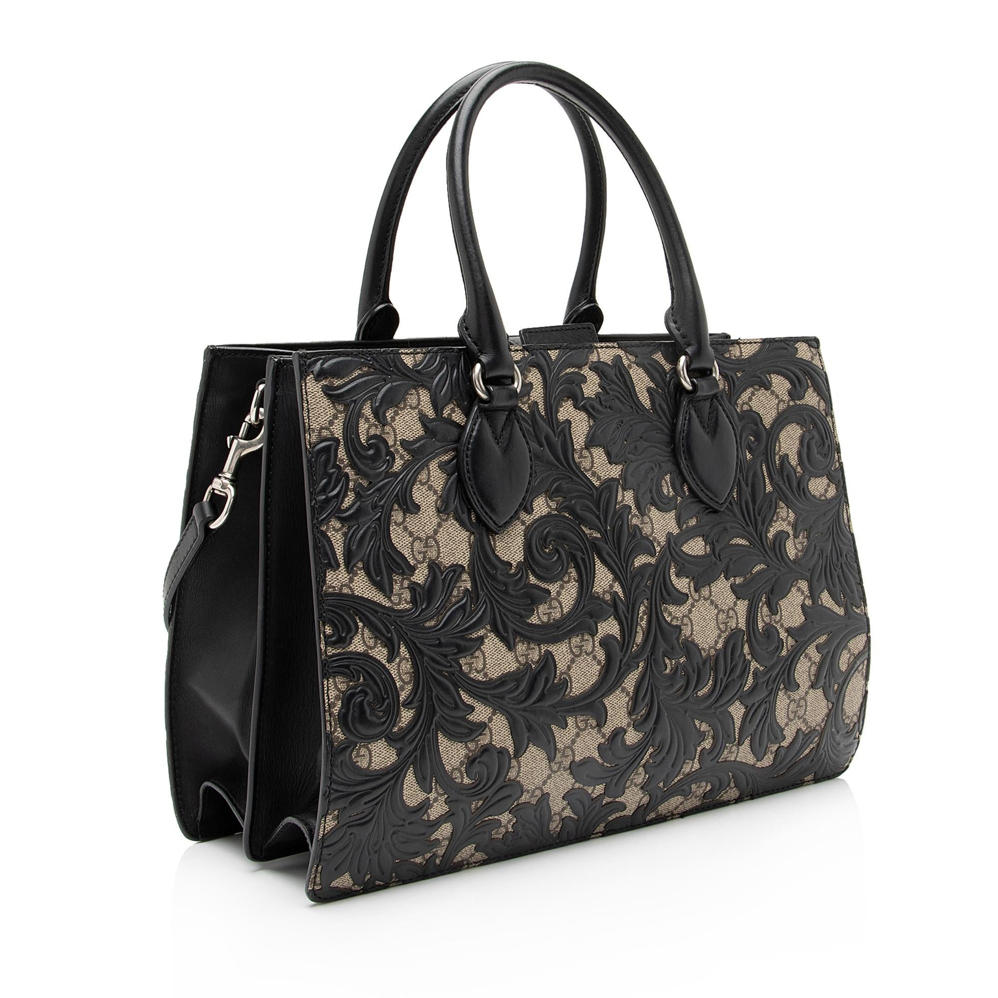 Gucci GG Supreme Arabesque Top Handle Leather Canvas Black Beige Tote Bag