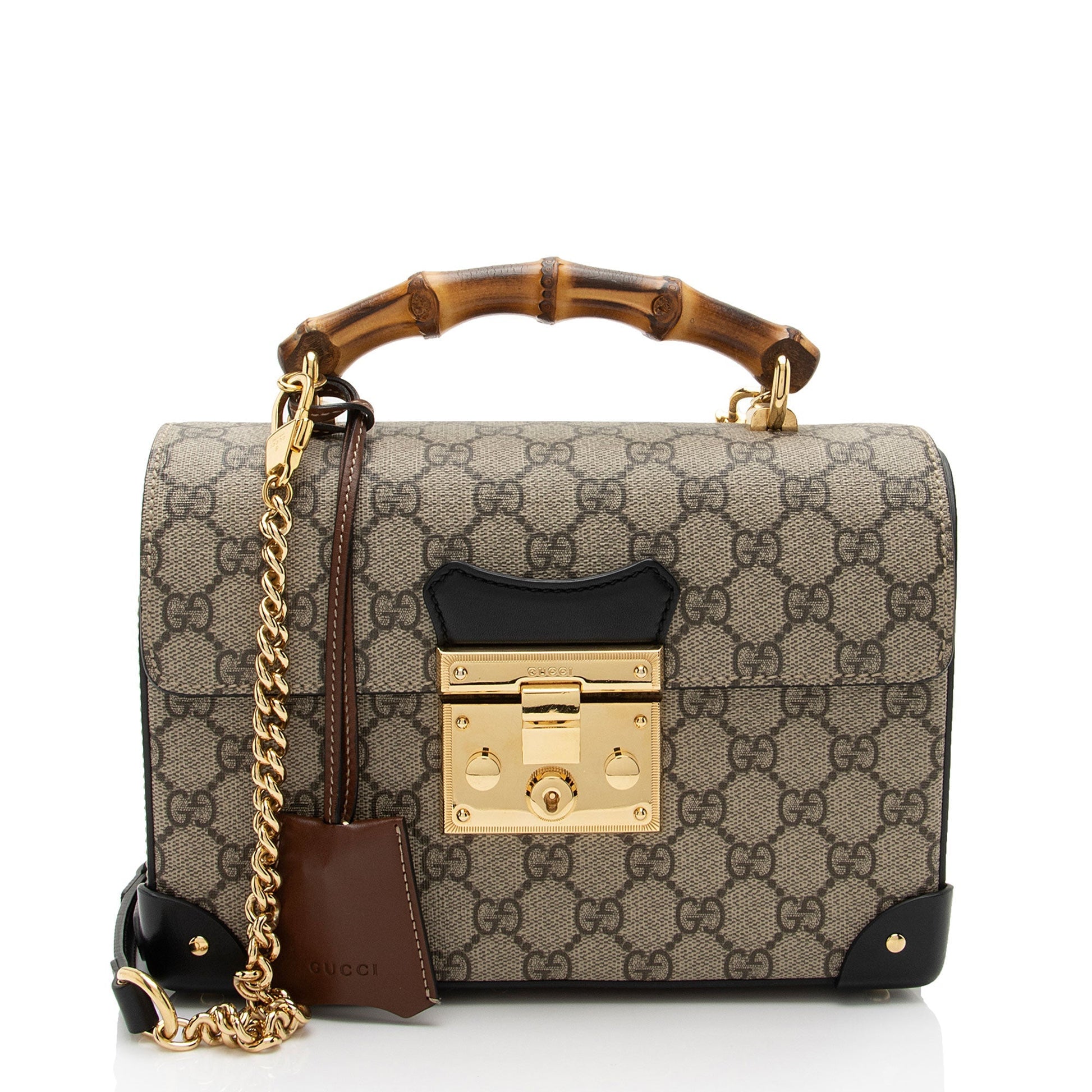 Gucci GG Supreme Bamboo Padlock Top Leather Canvas Black Brown Crossbody Bag Shf Hs3Epm