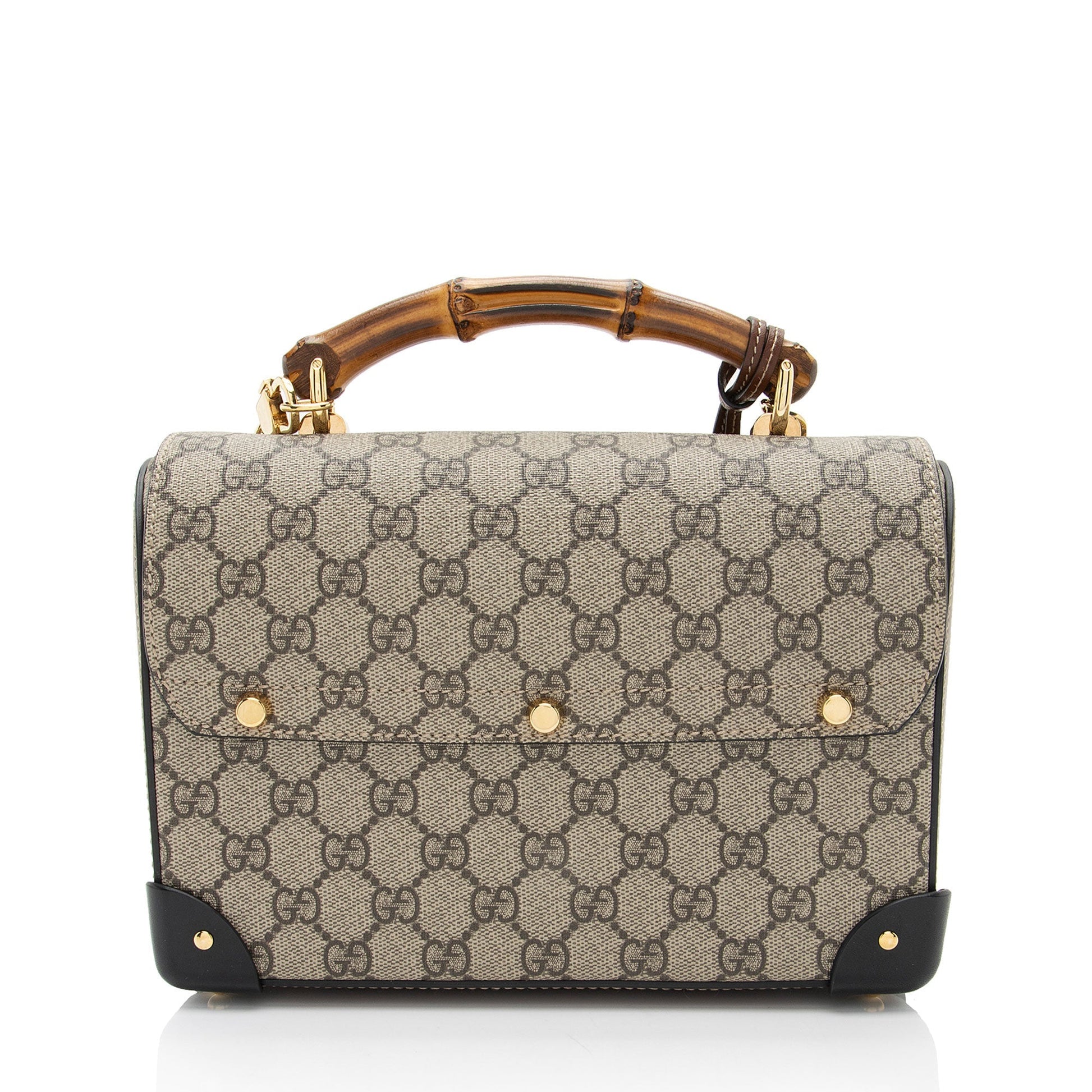 Gucci GG Supreme Bamboo Padlock Top Leather Canvas Black Brown Satchel Bag
