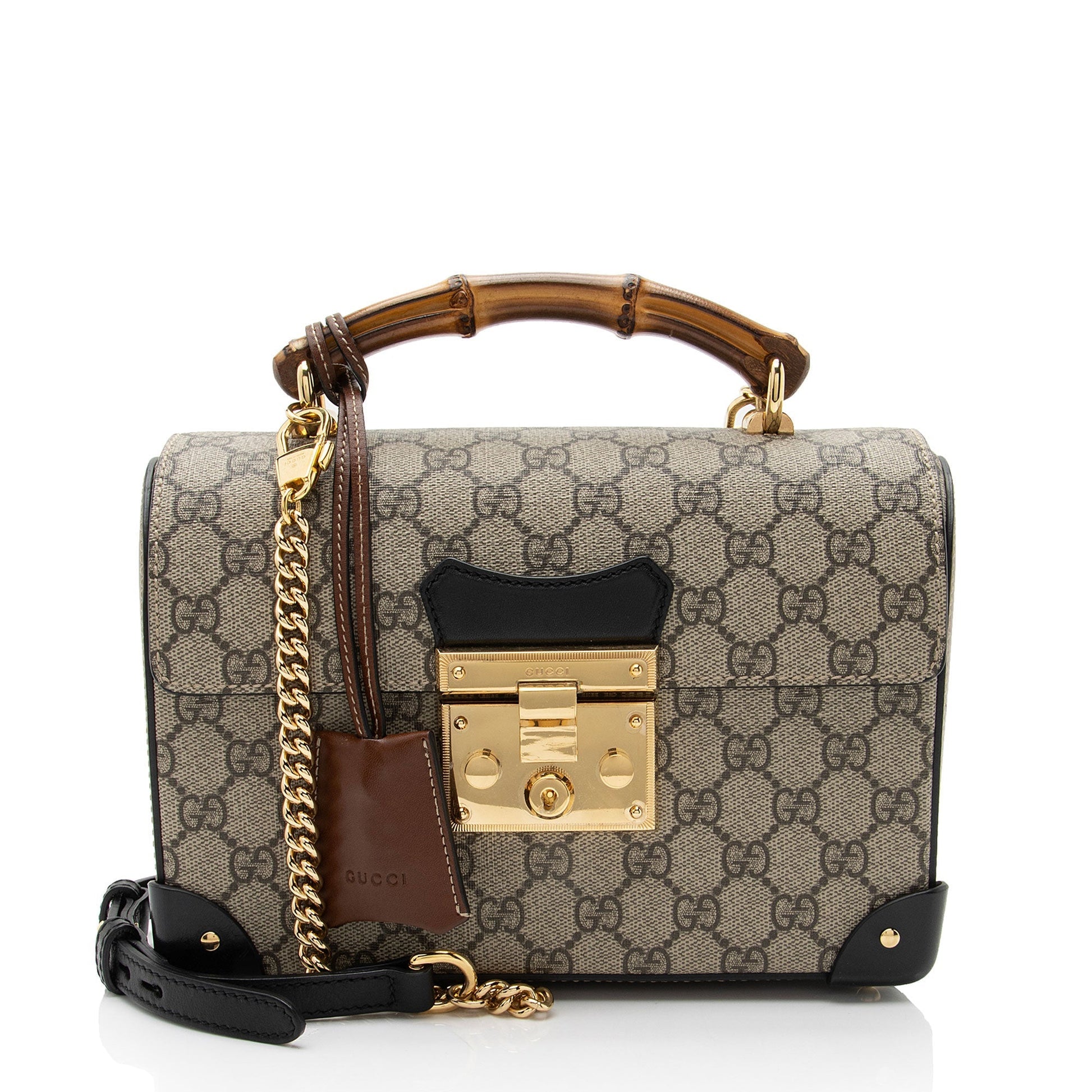 Gucci GG Supreme Bamboo Padlock Top Leather Canvas Black Brown Satchel Bag