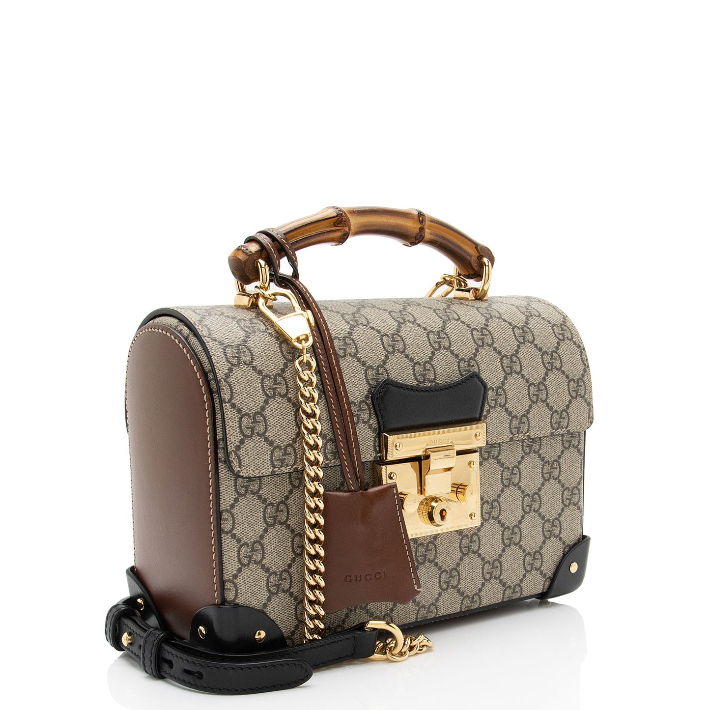 Gucci GG Supreme Bamboo Padlock Top Leather Canvas Black Brown Satchel Bag