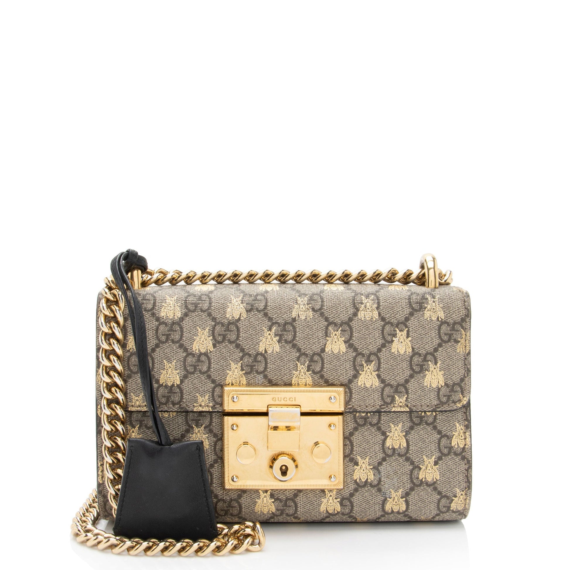 Gucci GG Supreme Bee Padlock SHF-JaFqOf Leather Canvas Black Beige Crossbody Bag