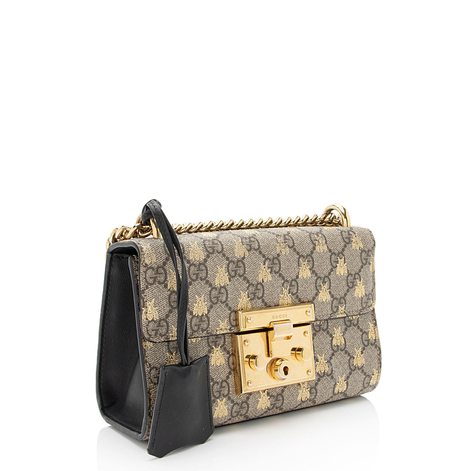 Gucci GG Supreme Bee Padlock SHF-JaFqOf Leather Canvas Black Beige Crossbody Bag