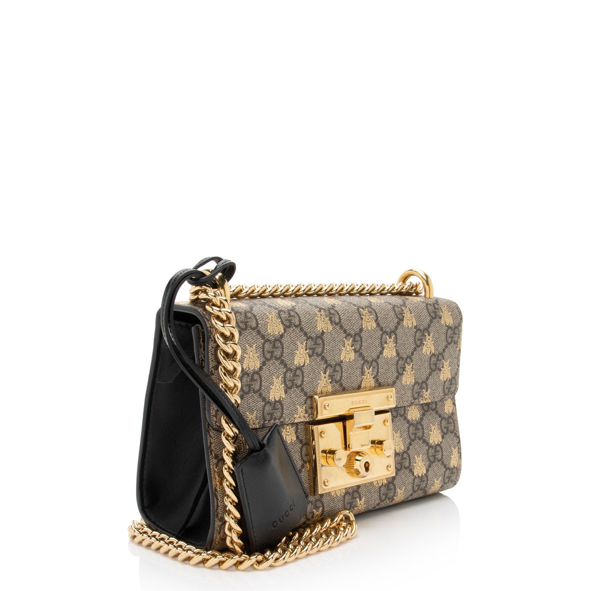 Gucci GG Supreme Bee Padlock Leather Canvas Black Beige Shoulder Bag