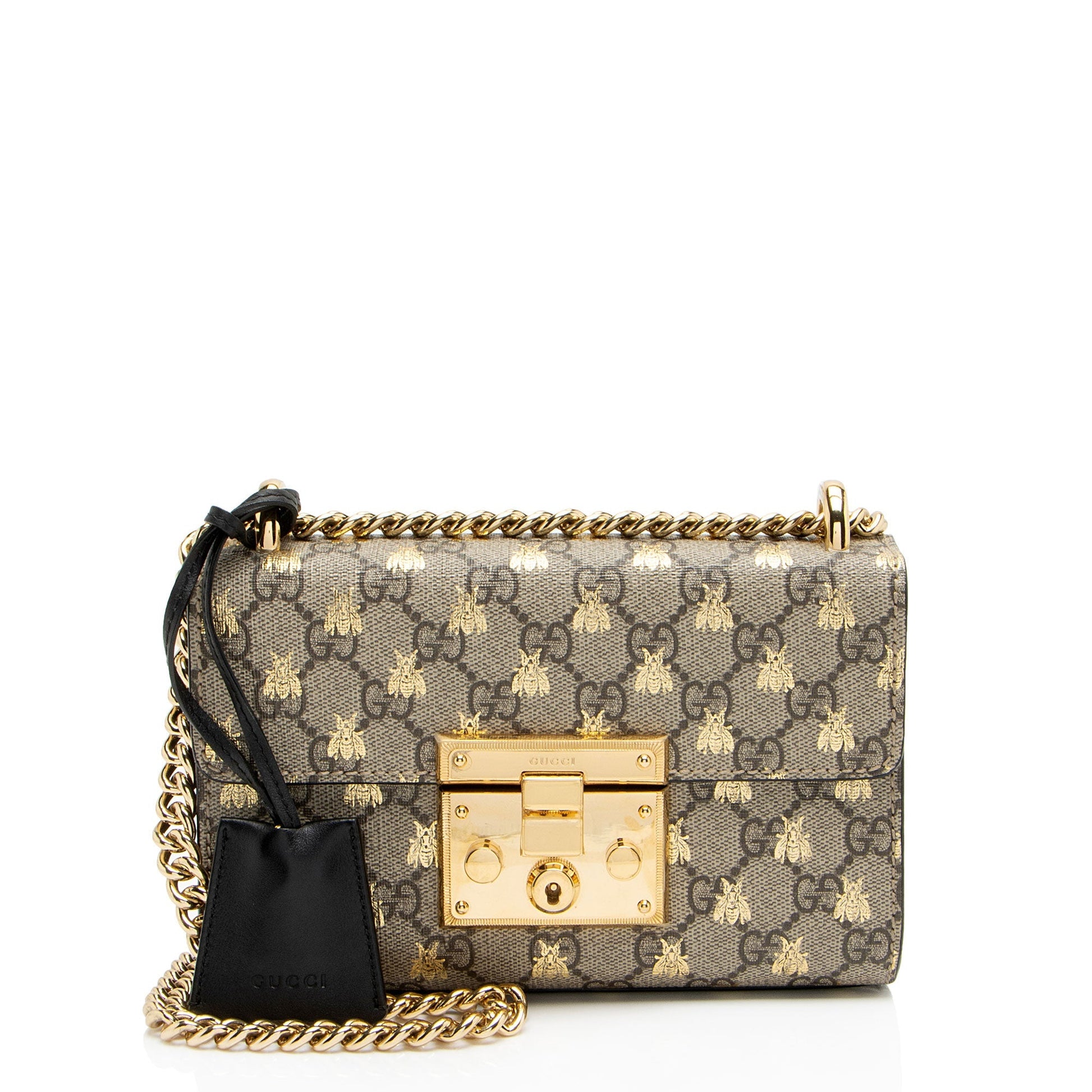 Gucci GG Supreme Bee Padlock Leather Canvas Black Beige Crossbody Bag