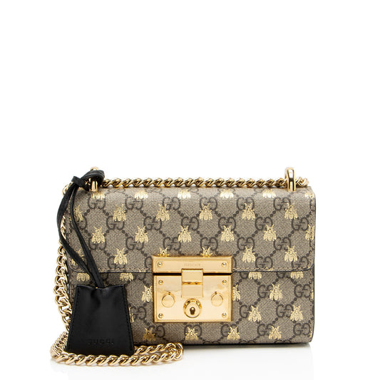 Gucci GG Supreme Bee Padlock Leather Canvas Black Beige Crossbody Bag