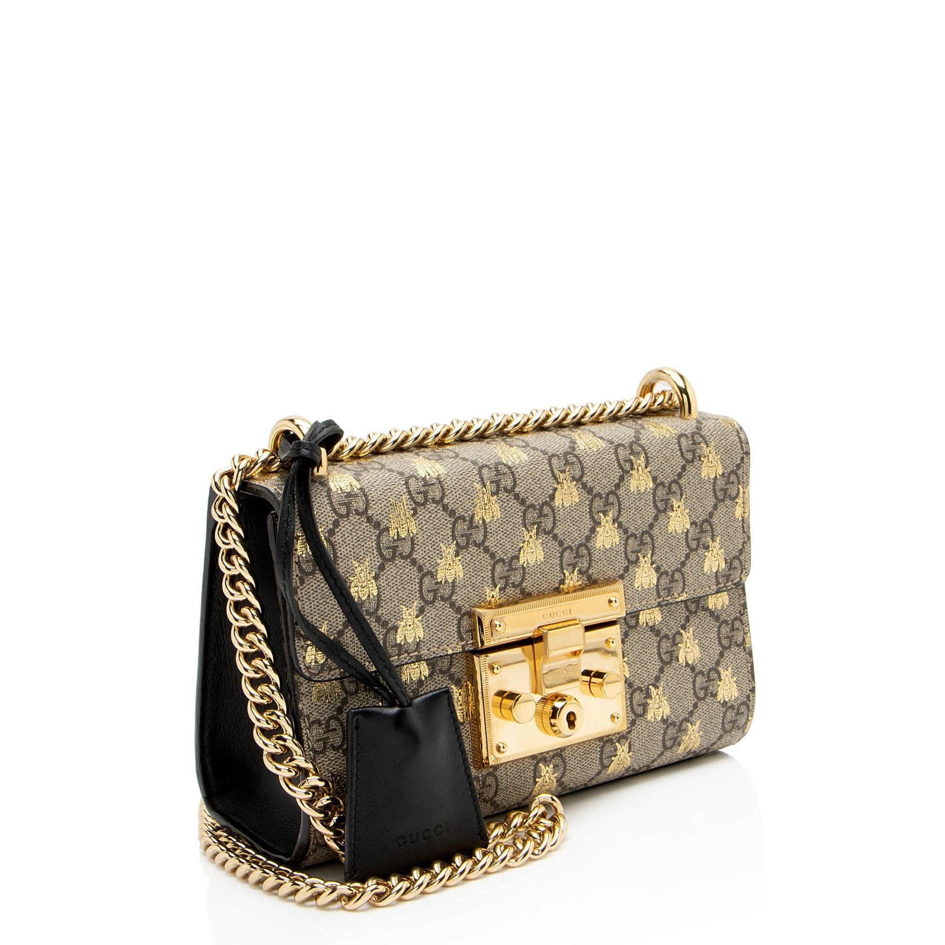 Gucci GG Supreme Bee Padlock Leather Canvas Black Beige Crossbody Bag