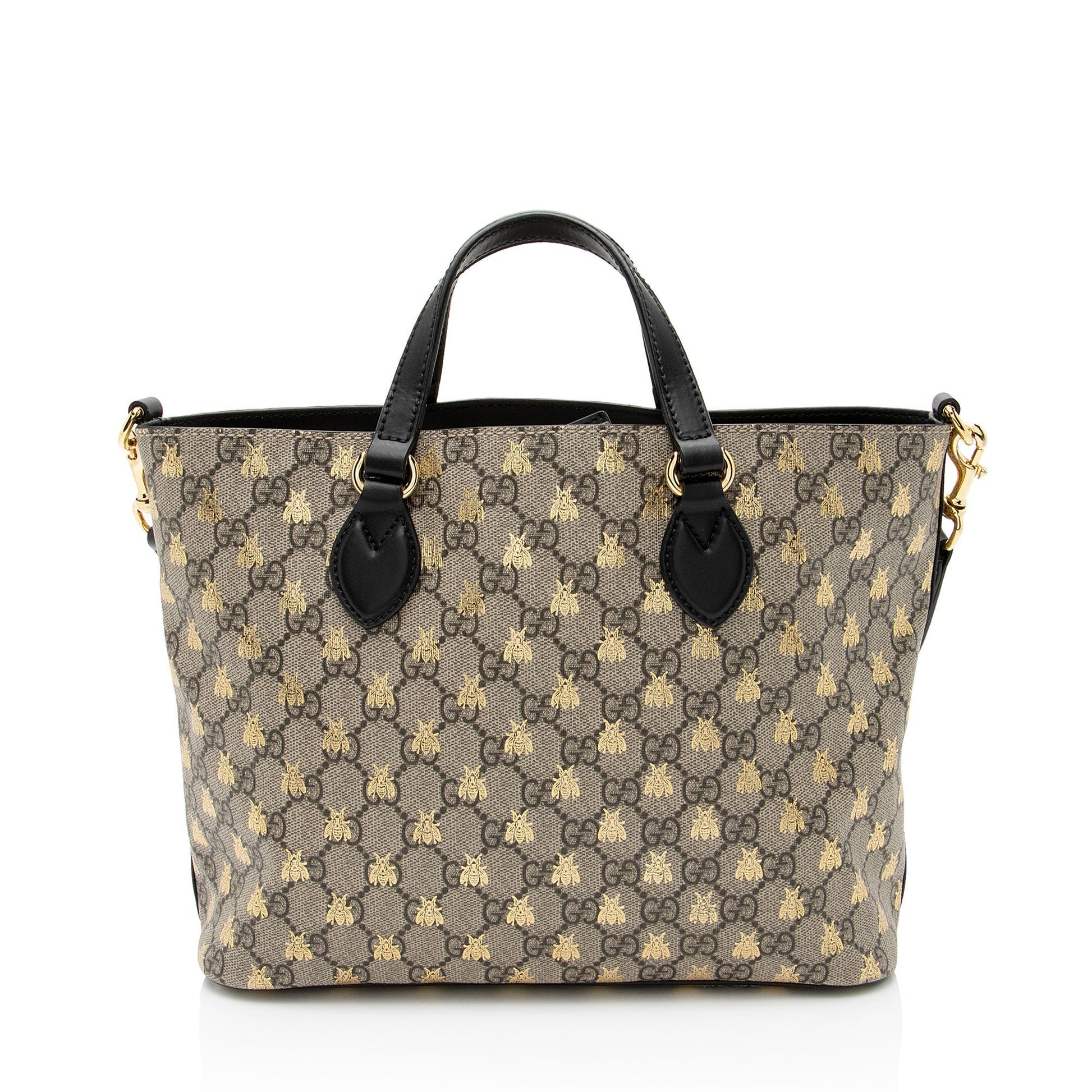 Gucci GG Supreme Bee Soft Leather Canvas Black Beige Tote Bag