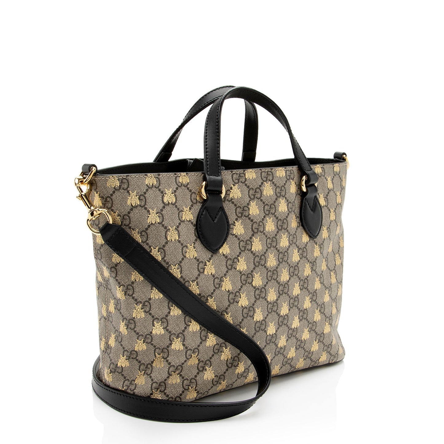 Gucci GG Supreme Bee Soft Leather Canvas Black Beige Tote Bag