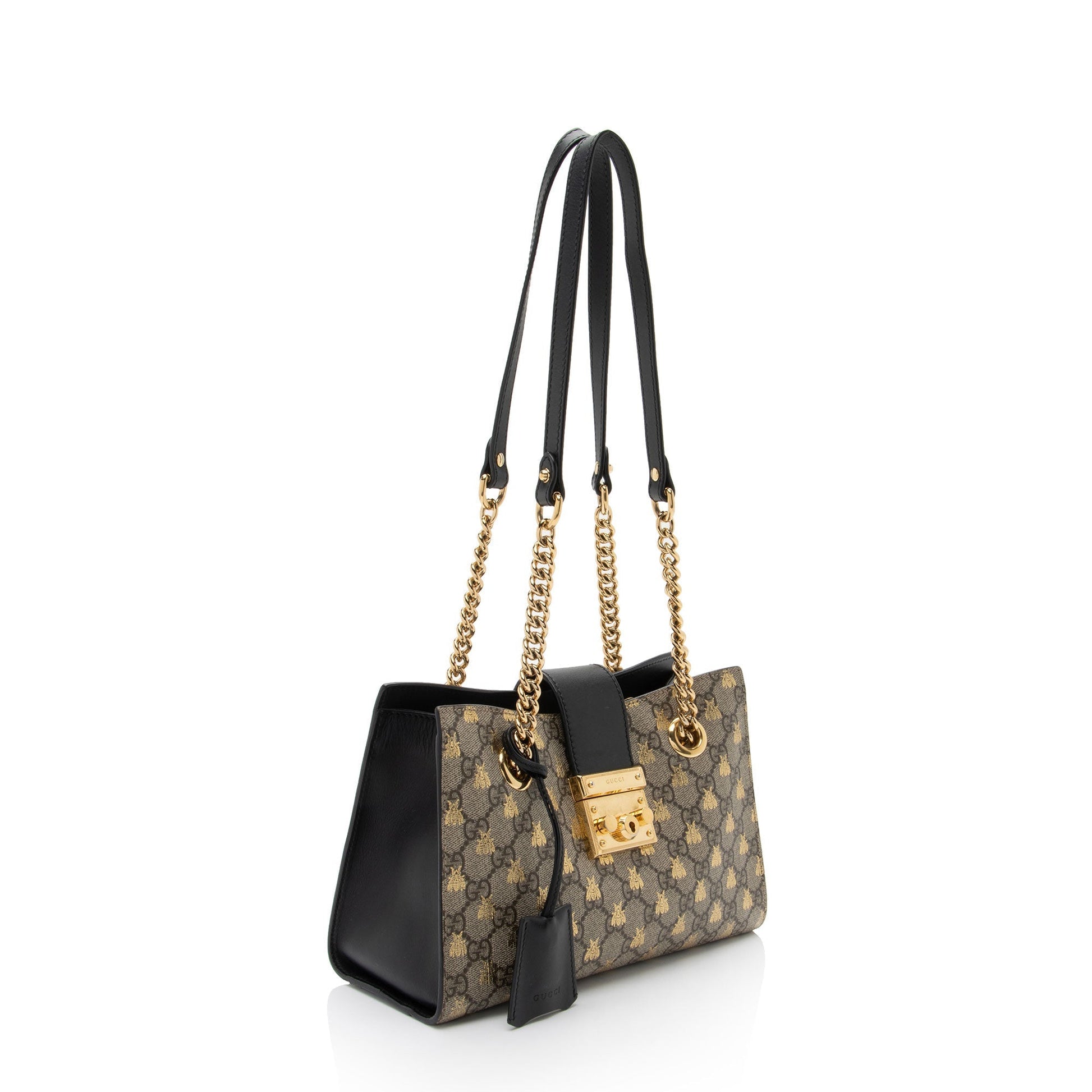 Gucci GG Supreme Bees Padlock SHF-GLVNfB Leather Canvas Black Beige Shoulder Bag
