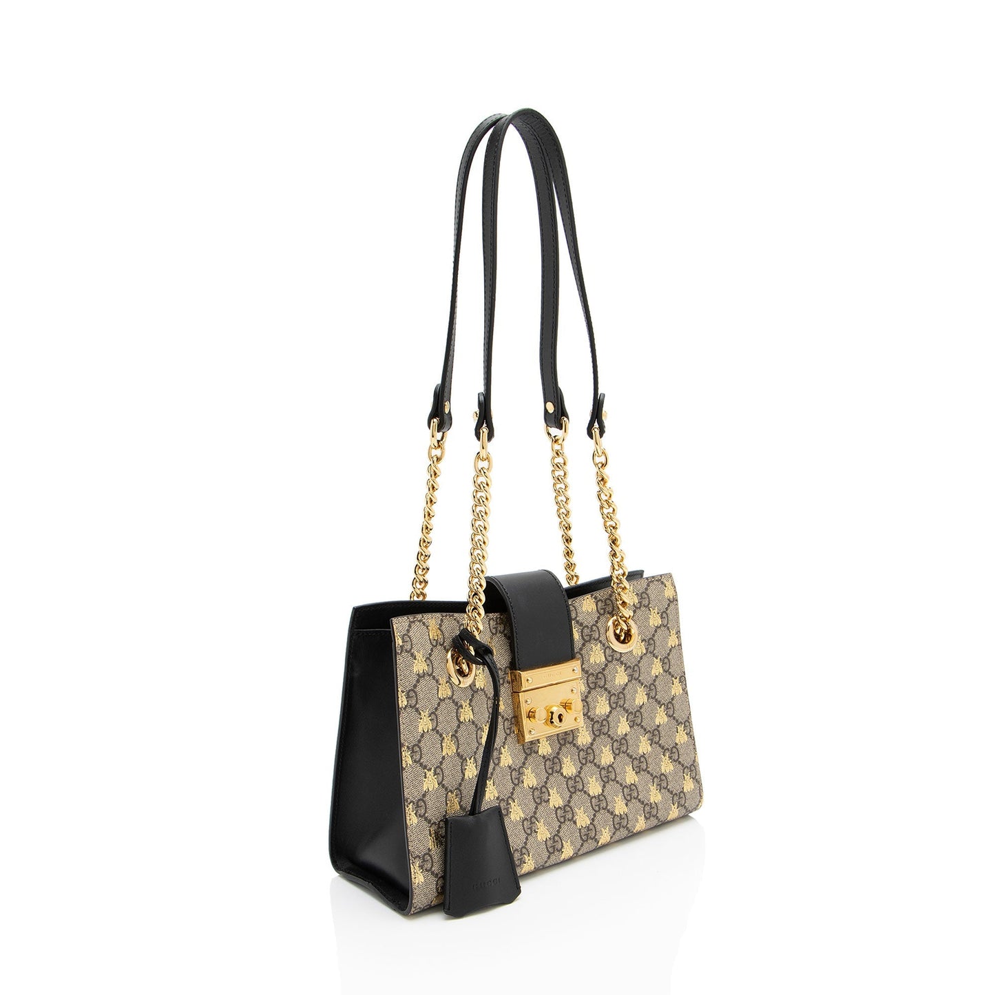 Gucci GG Supreme Bees Padlock SHF-FL3A48 Leather Canvas Black Beige Shoulder Bag