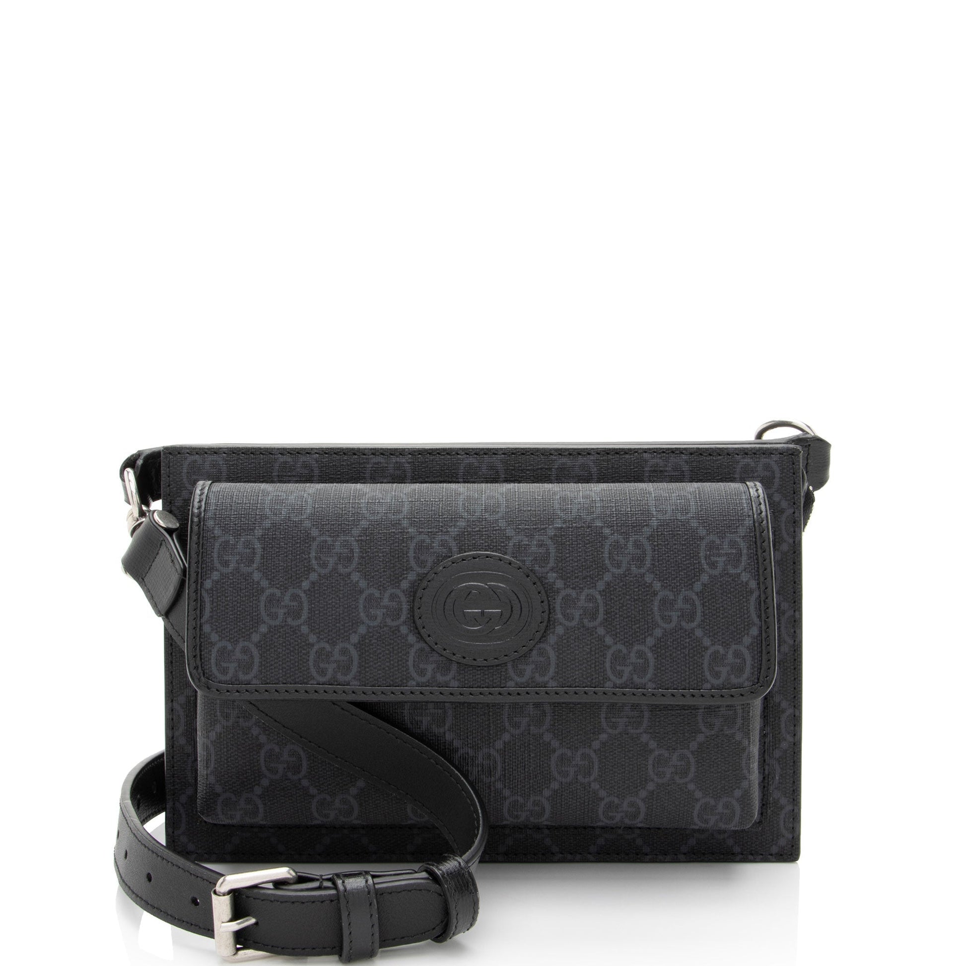 Gucci GG Supreme Flap Pocket Belt Leather Canvas Black Grey Accessory