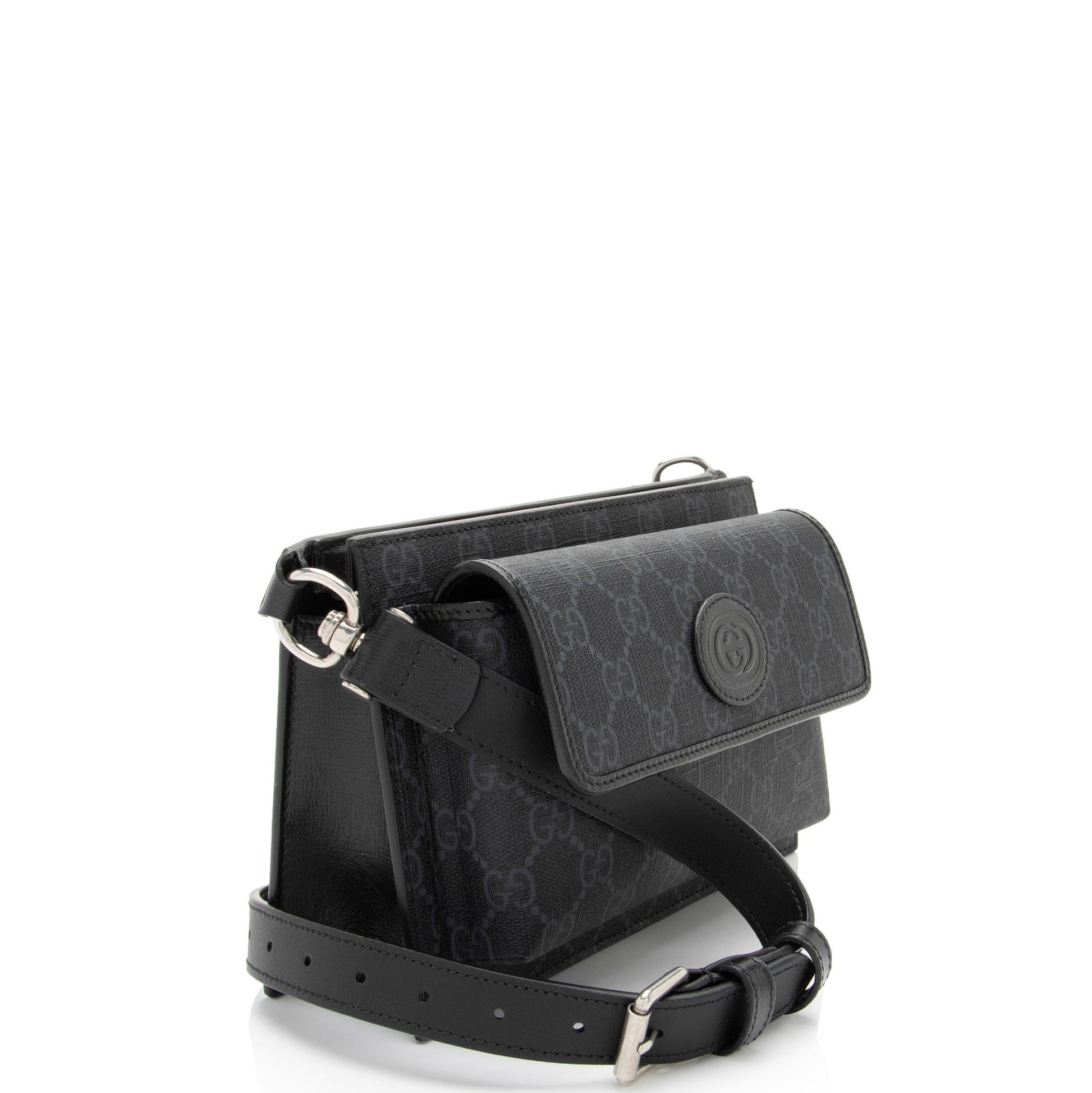 Gucci GG Supreme Flap Pocket Belt Leather Canvas Black Grey Accessory