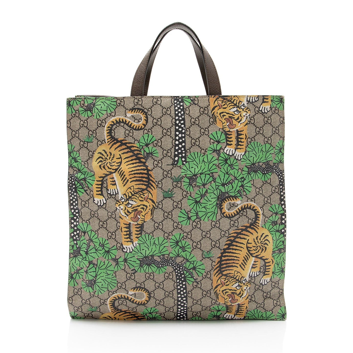 Gucci GG Supreme Bengal Tiger Leather Canvas Brown Beige Tote Bag