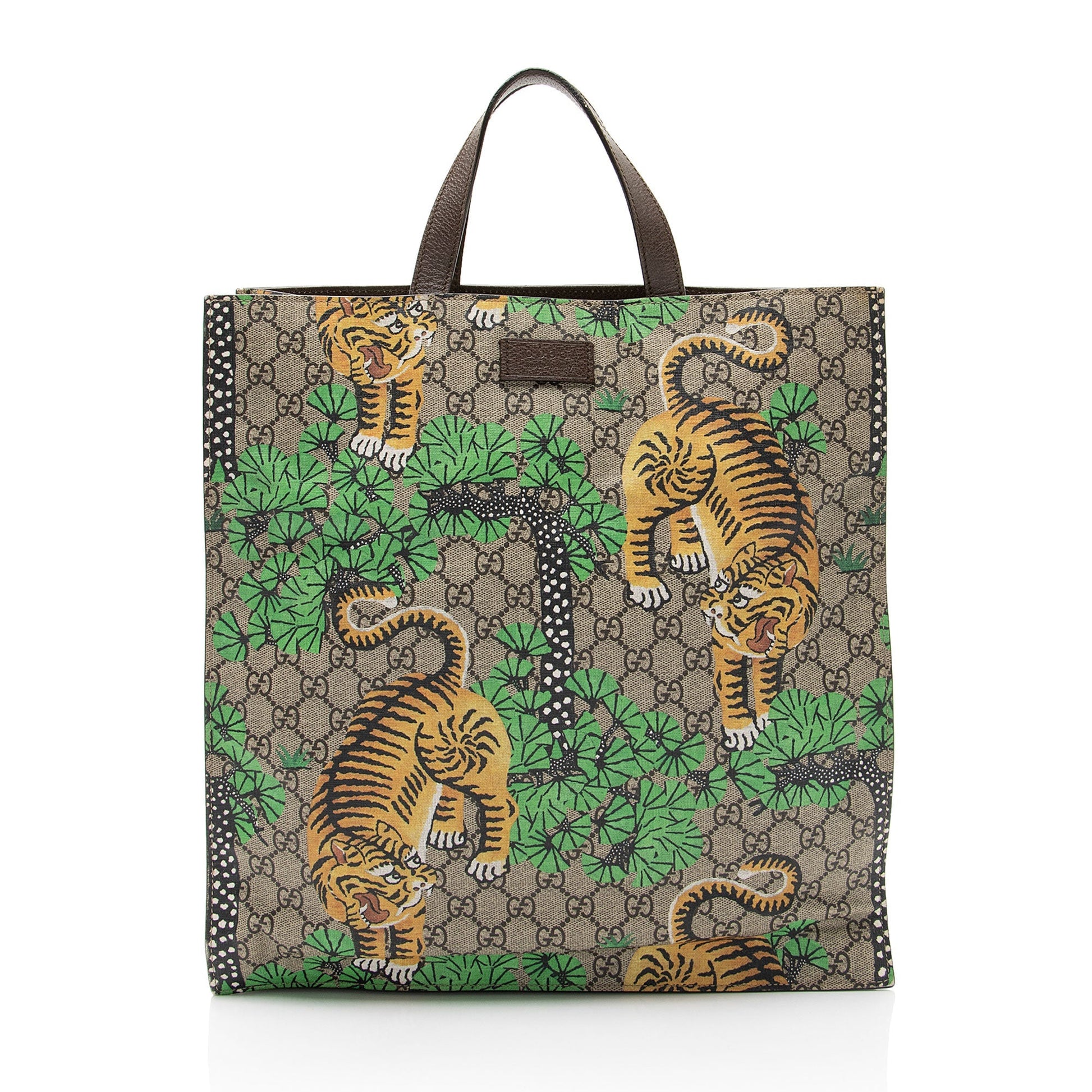 Gucci GG Supreme Bengal Tiger Leather Canvas Brown Beige Tote Bag