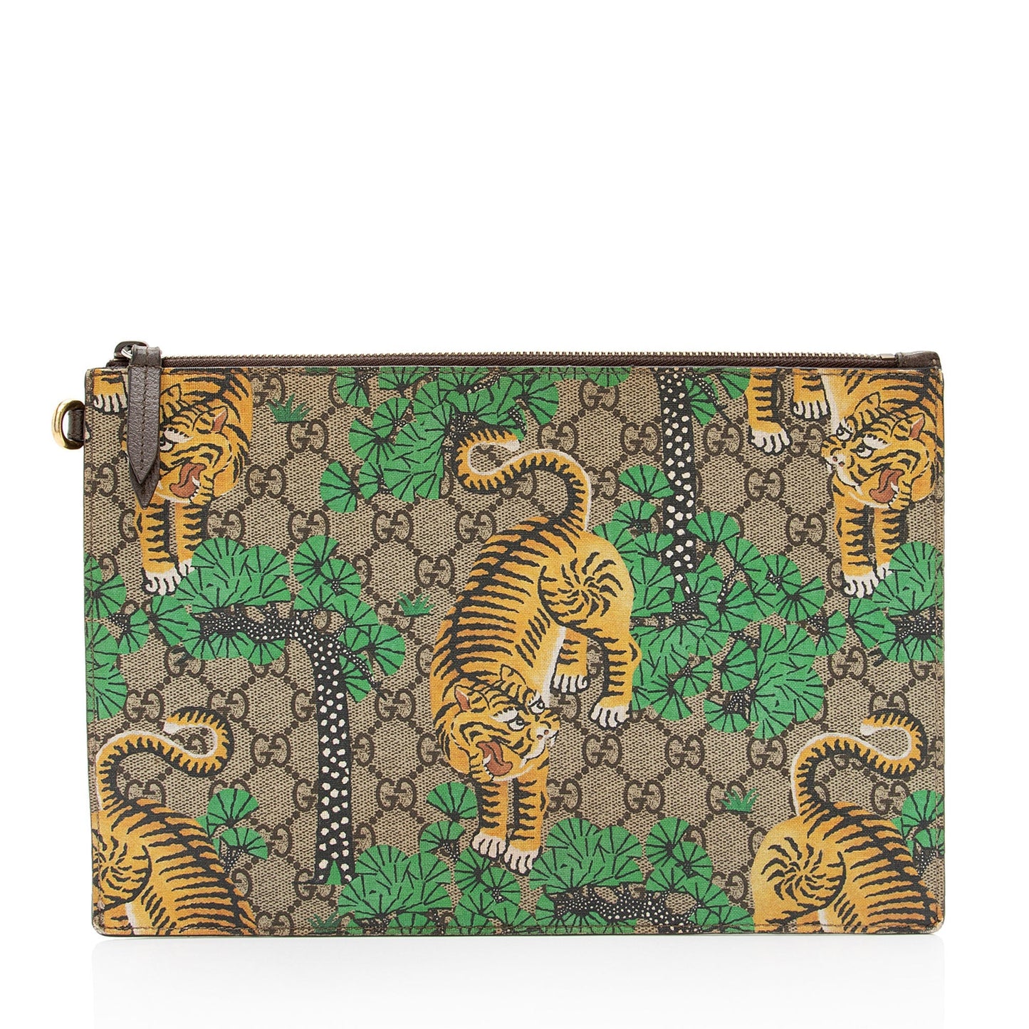 Gucci GG Supreme Bengal Tiger Zip Leather Canvas Brown Clutch Bag