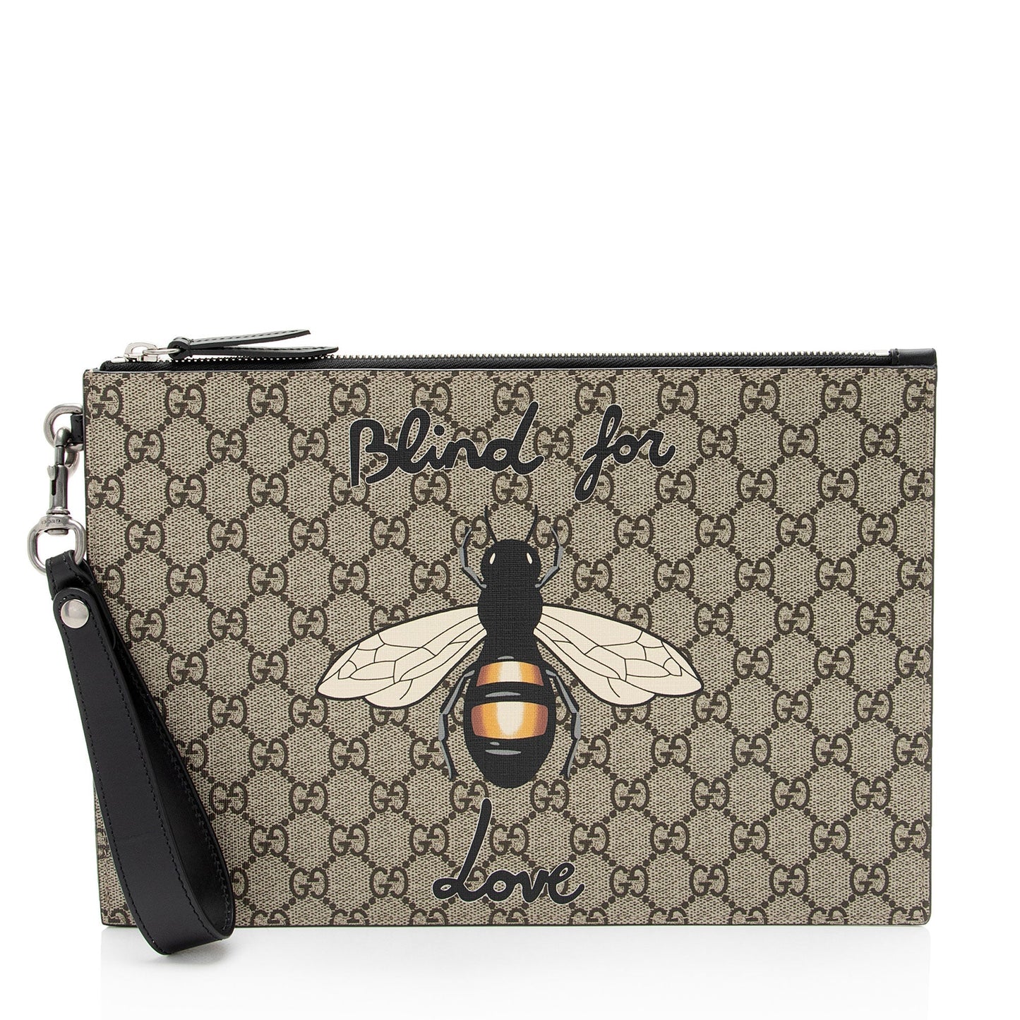 Gucci GG Supreme Blind Love Wristlet Leather Canvas Black Brown Clutch Bag