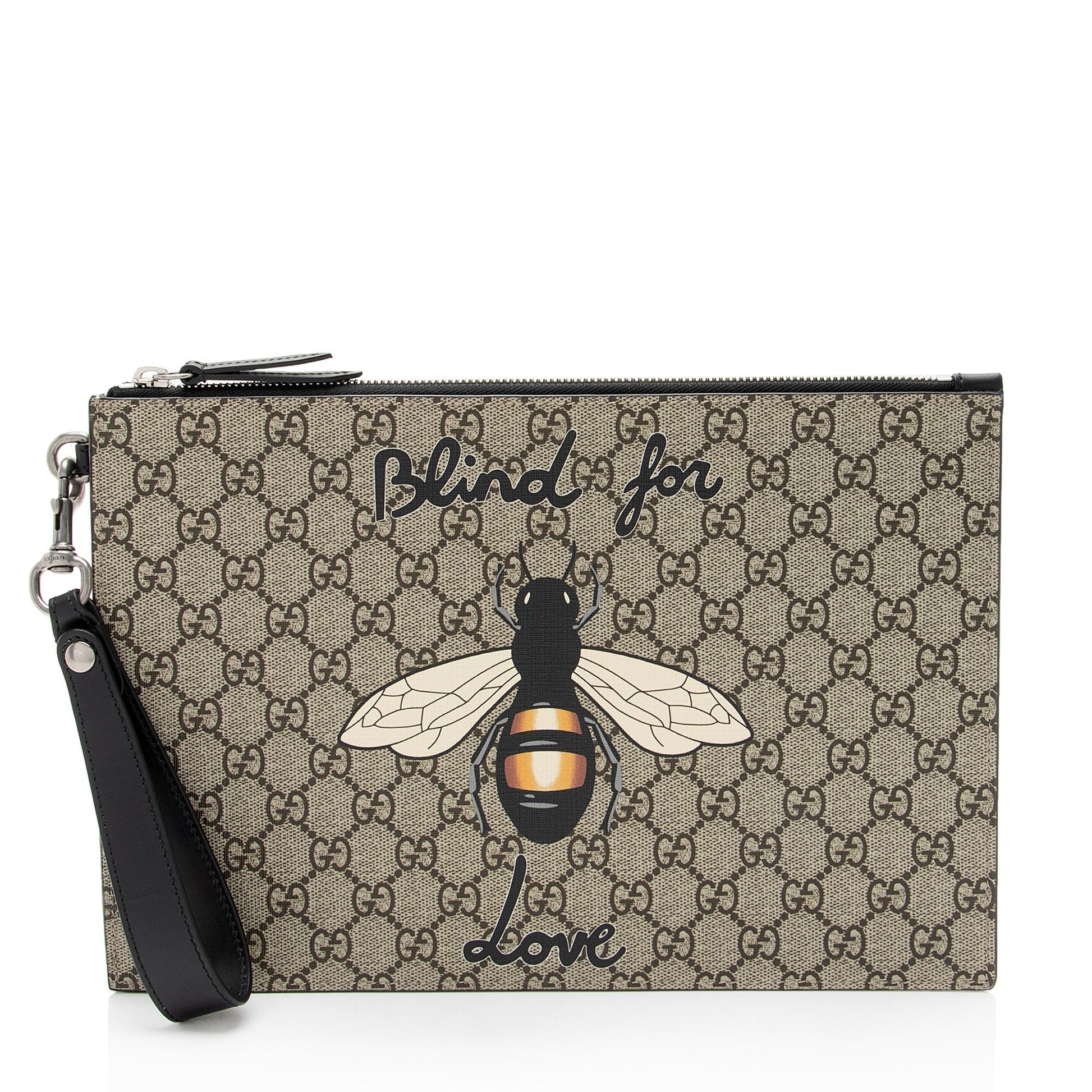 Gucci GG Supreme Blind Love Wristlet Leather Canvas Black Brown Clutch Bag