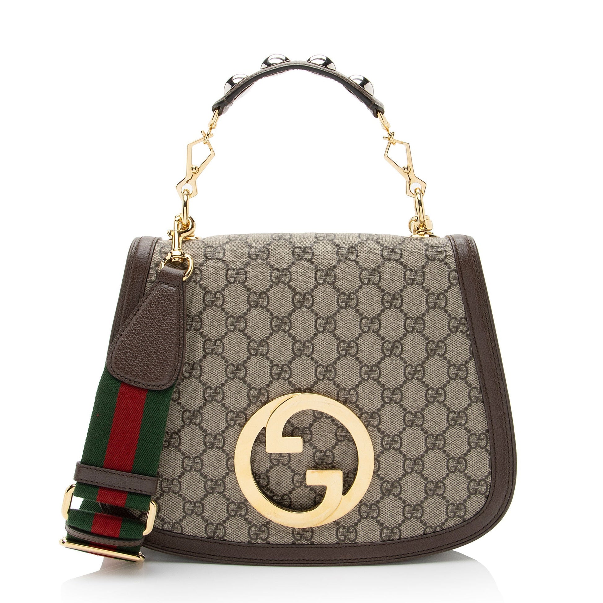 Gucci GG Supreme Blondie Top Handle Leather Canvas Nylon Brown Crossbody Bag