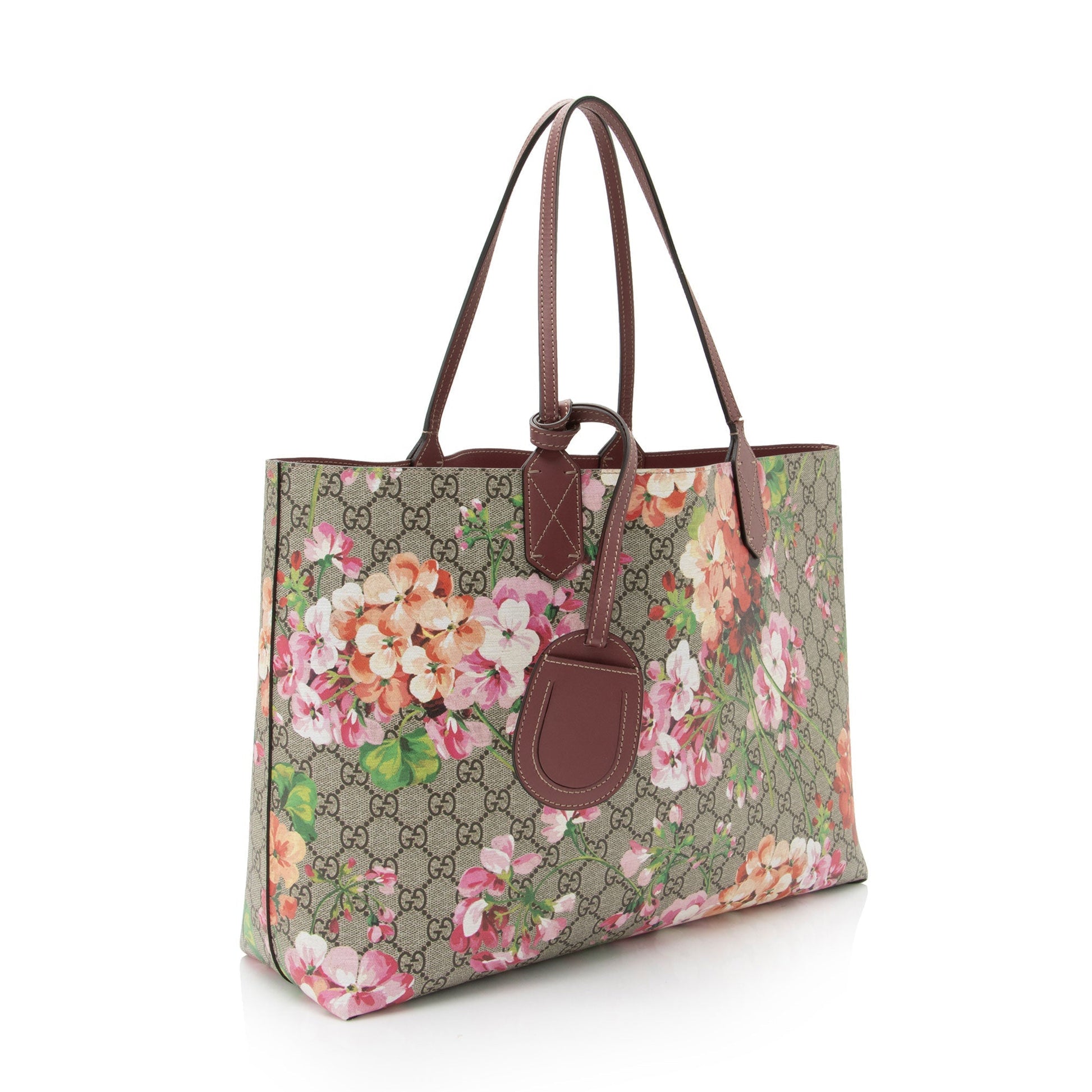 Gucci GG Supreme Blooms Reversible - Leather Canvas Brown Pink Tote Bag