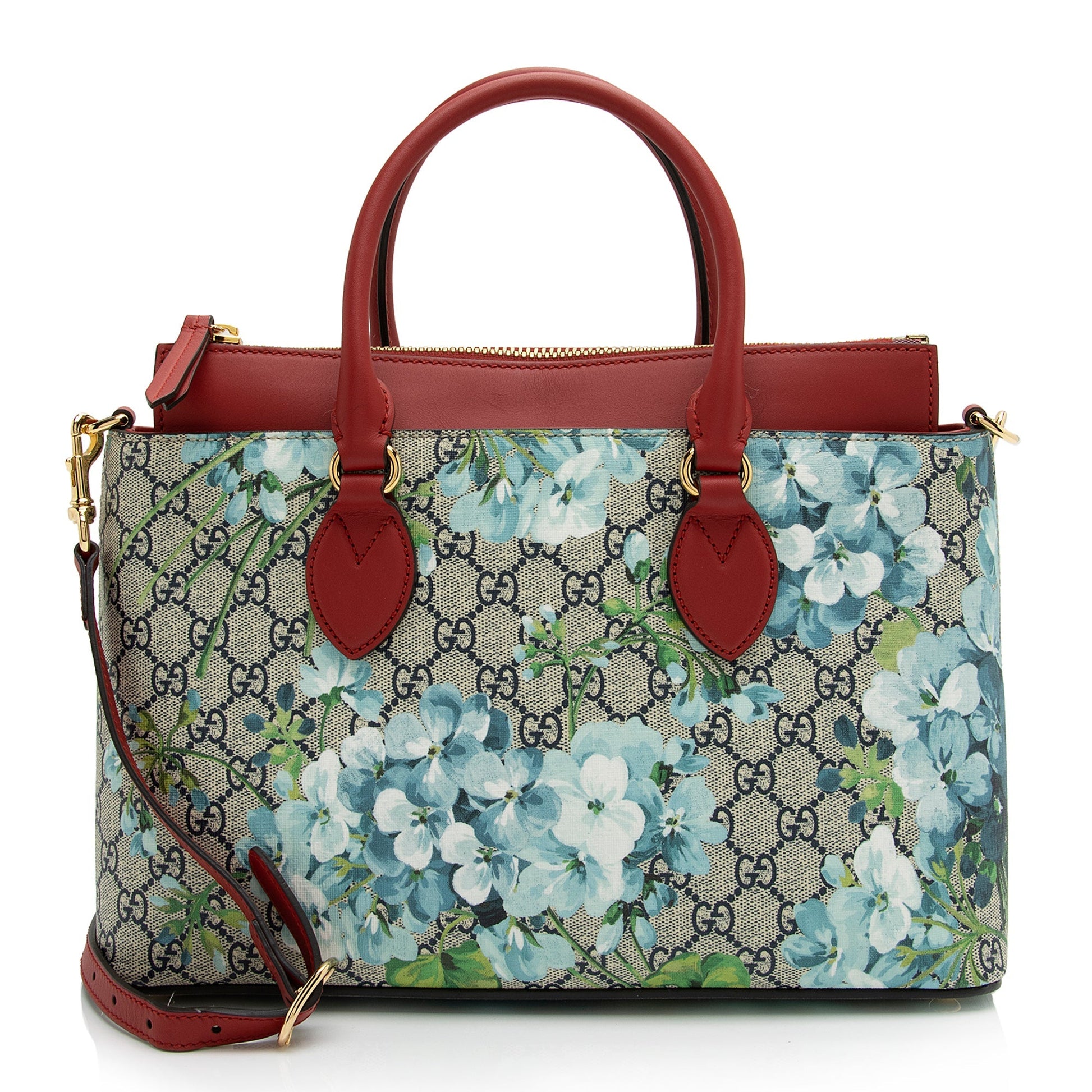 Gucci GG Supreme Blooms Zip SHF Leather Canvas Beige Blue Tote Bag