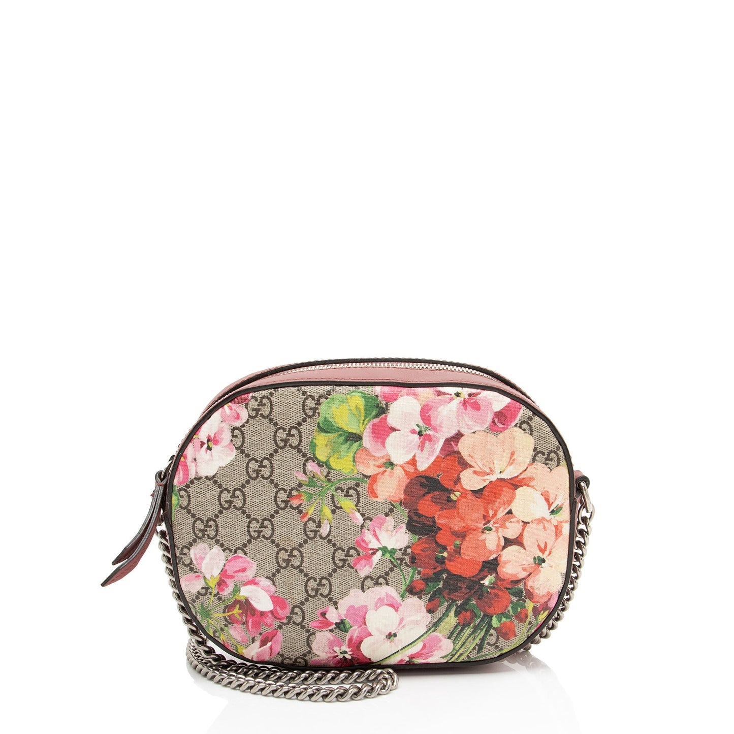 Gucci GG Supreme Blooms Chain Leather Canvas Beige Pink Crossbody Bag