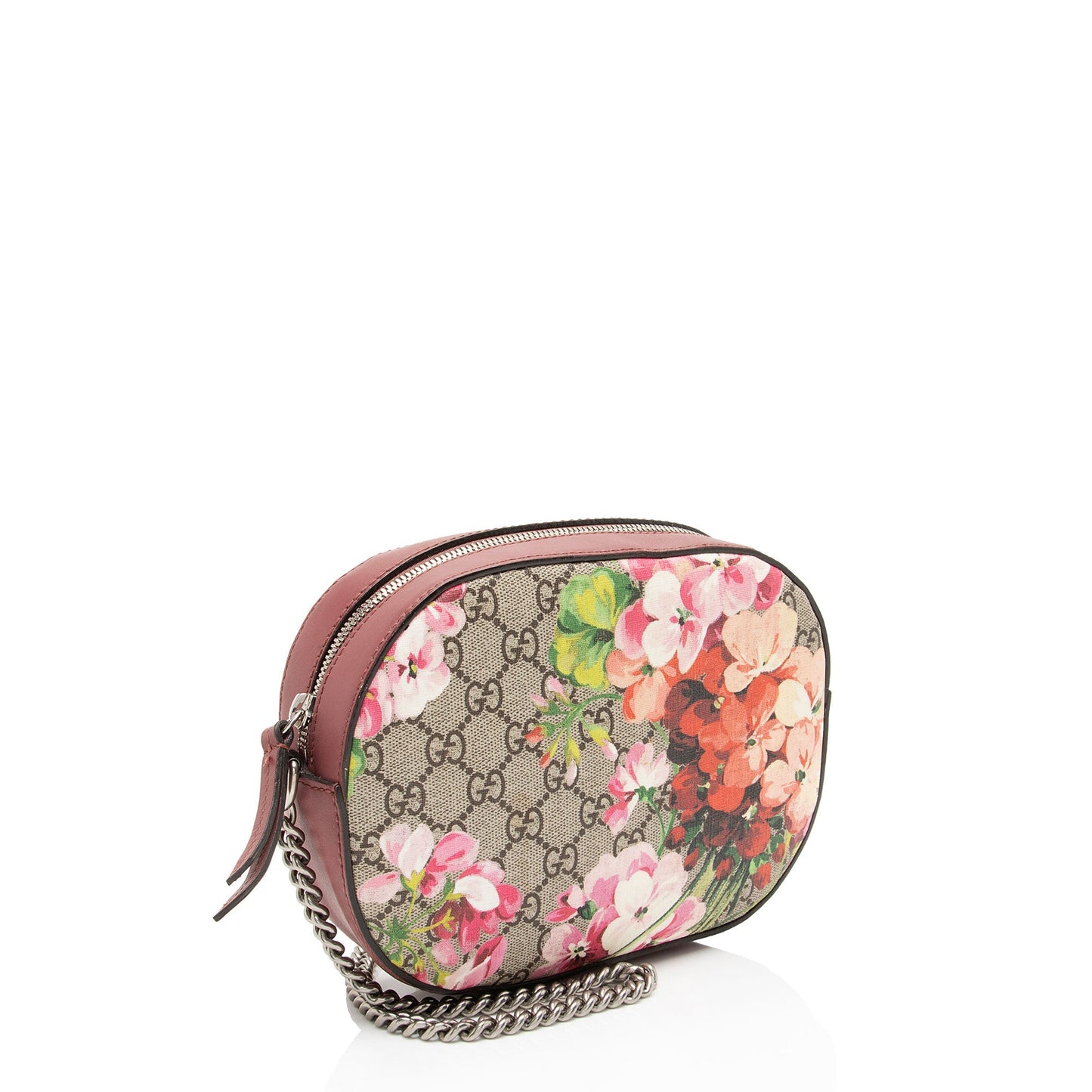 Gucci GG Supreme Blooms Chain Leather Canvas Beige Pink Crossbody Bag