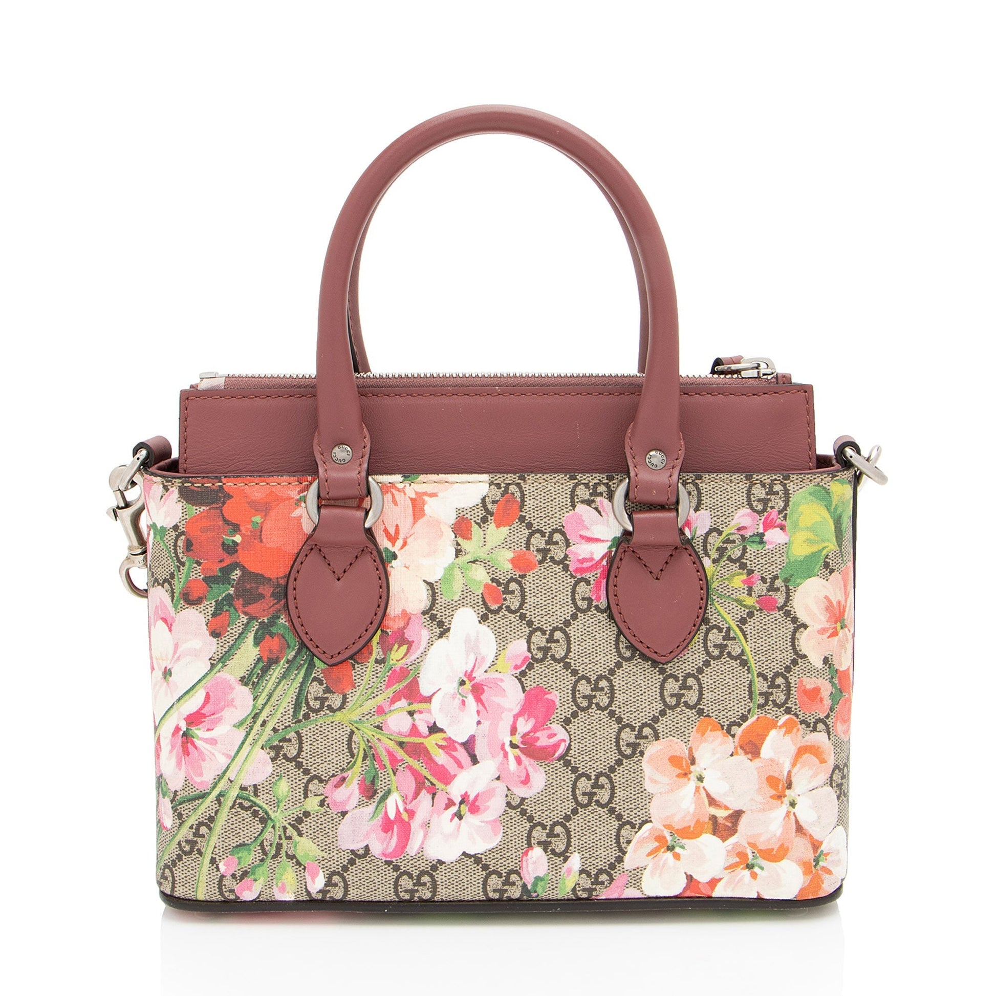 Gucci GG Supreme Blooms Zip Leather Canvas Beige Pink Tote Bag