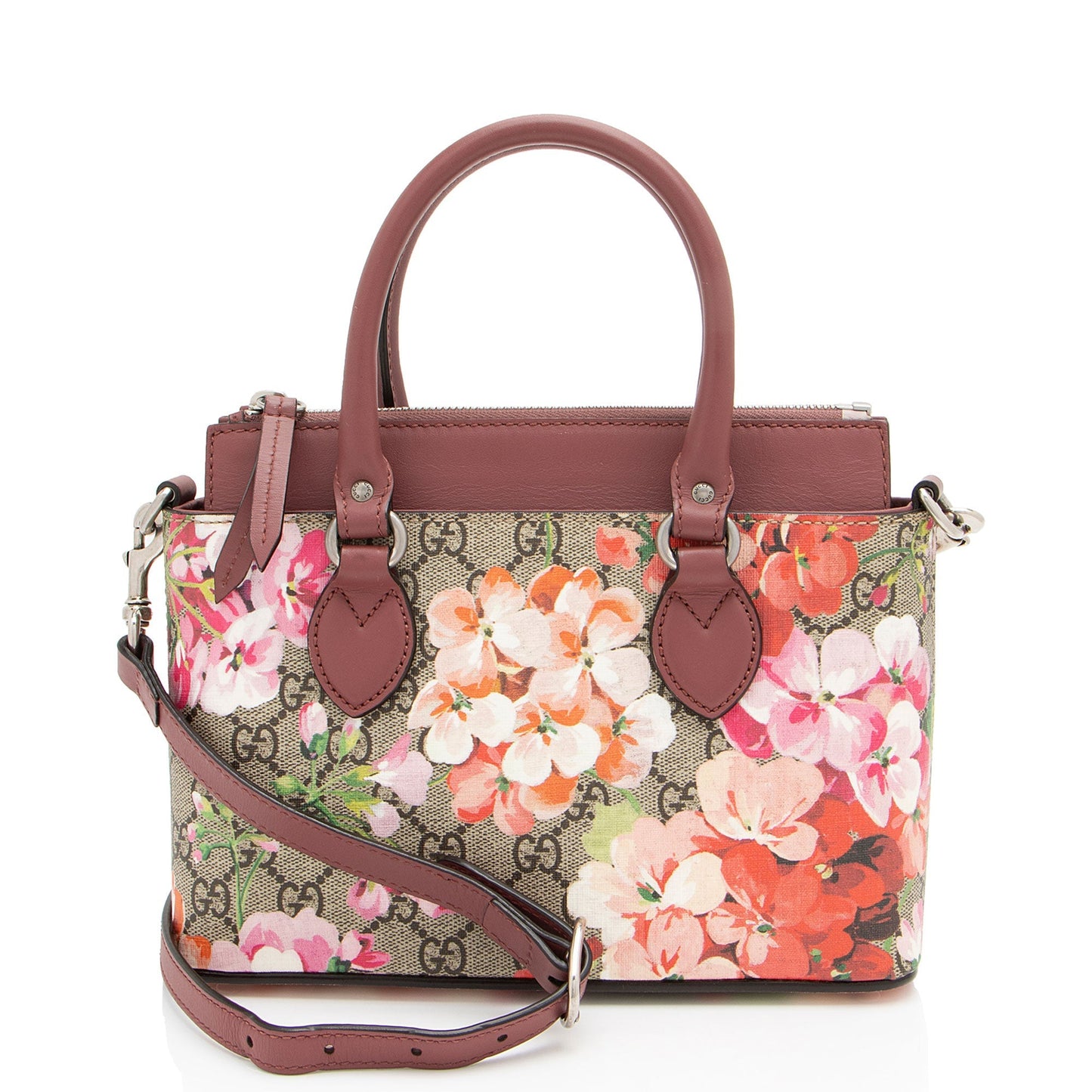 Gucci GG Supreme Blooms Zip Leather Canvas Beige Pink Tote Bag