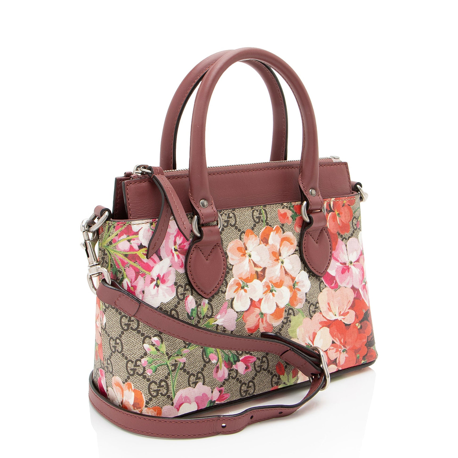 Gucci GG Supreme Blooms Zip Leather Canvas Beige Pink Tote Bag
