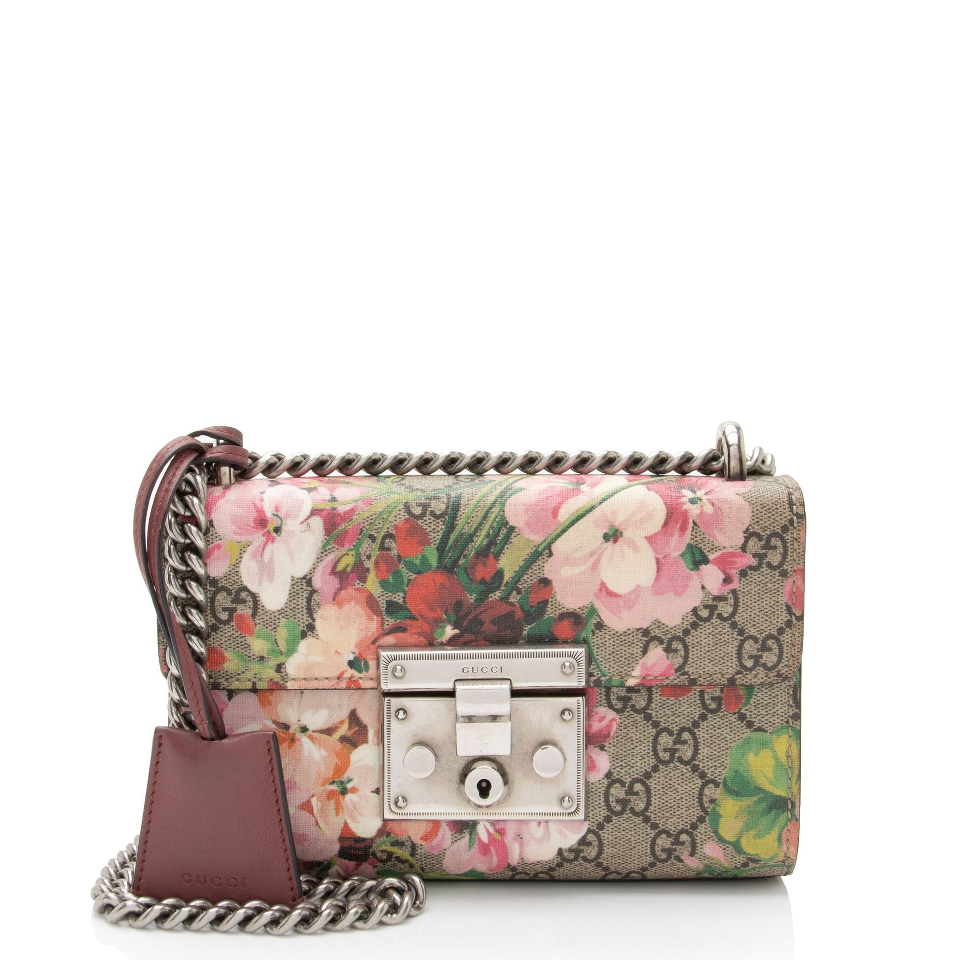 Gucci GG Supreme Blooms Padlock SHF-6zv2gD Leather Canvas Beige Pink Crossbody Bag