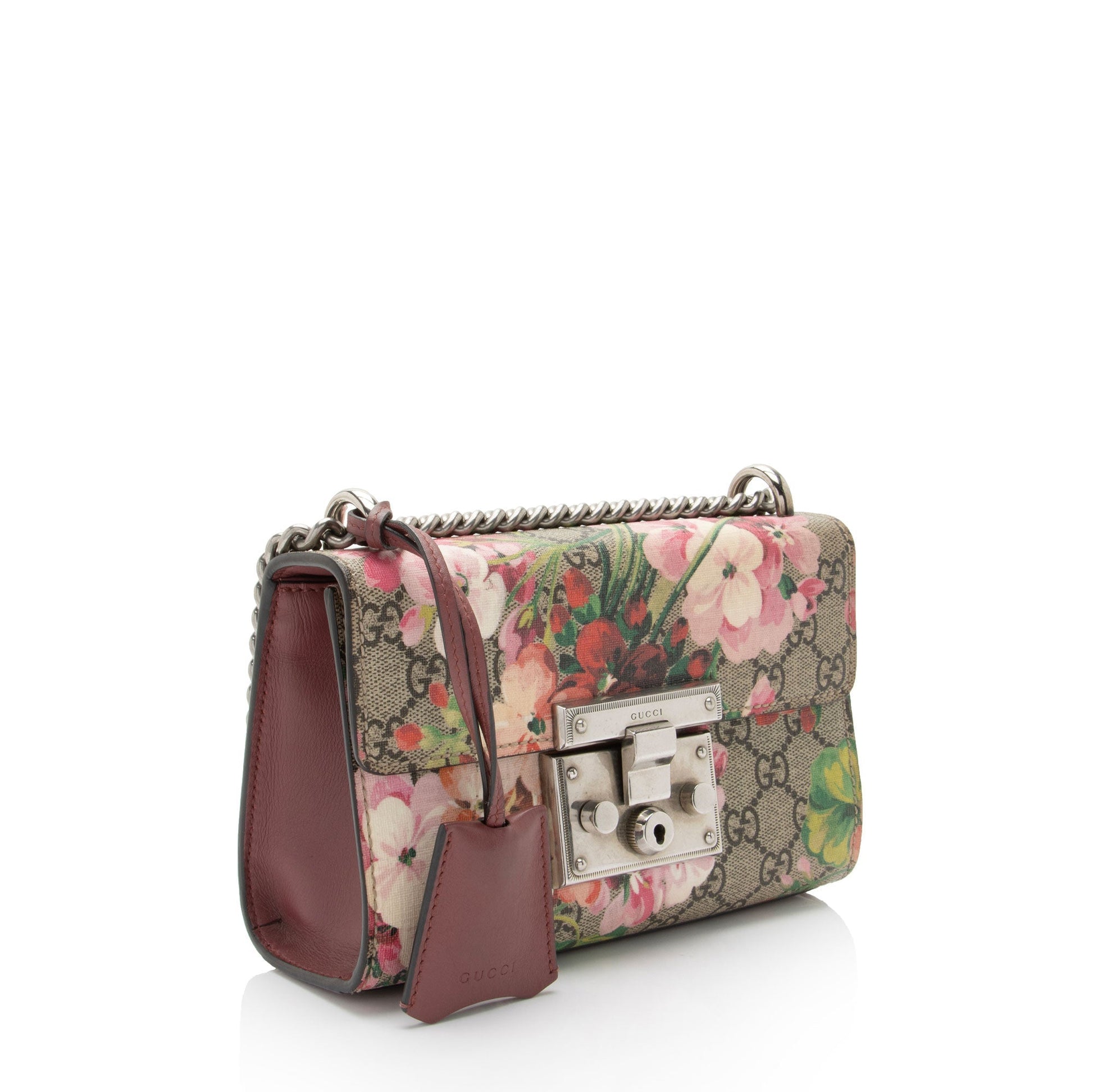 Gucci GG Supreme Blooms Padlock SHF-6zv2gD Leather Canvas Beige Pink Crossbody Bag