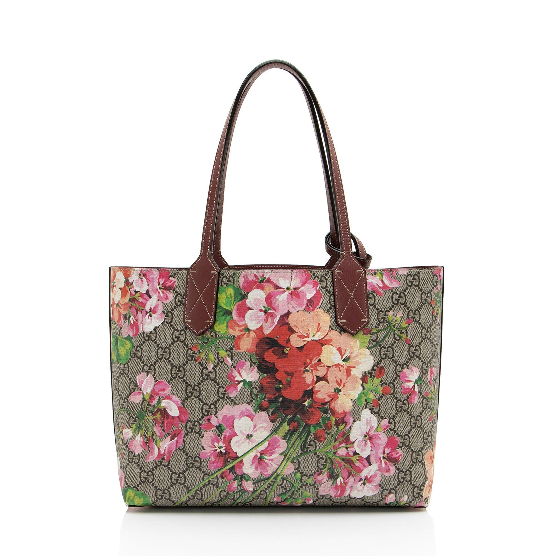Gucci GG Supreme Blooms Reversible SHF-pljks3 Leather Canvas Brown Red Tote Bag