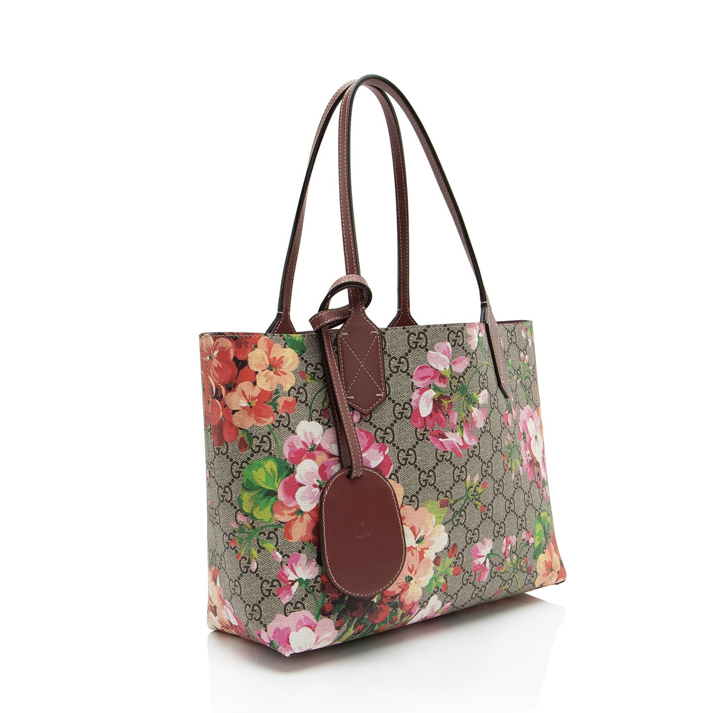 Gucci GG Supreme Blooms Reversible SHF-pljks3 Leather Canvas Brown Red Tote Bag