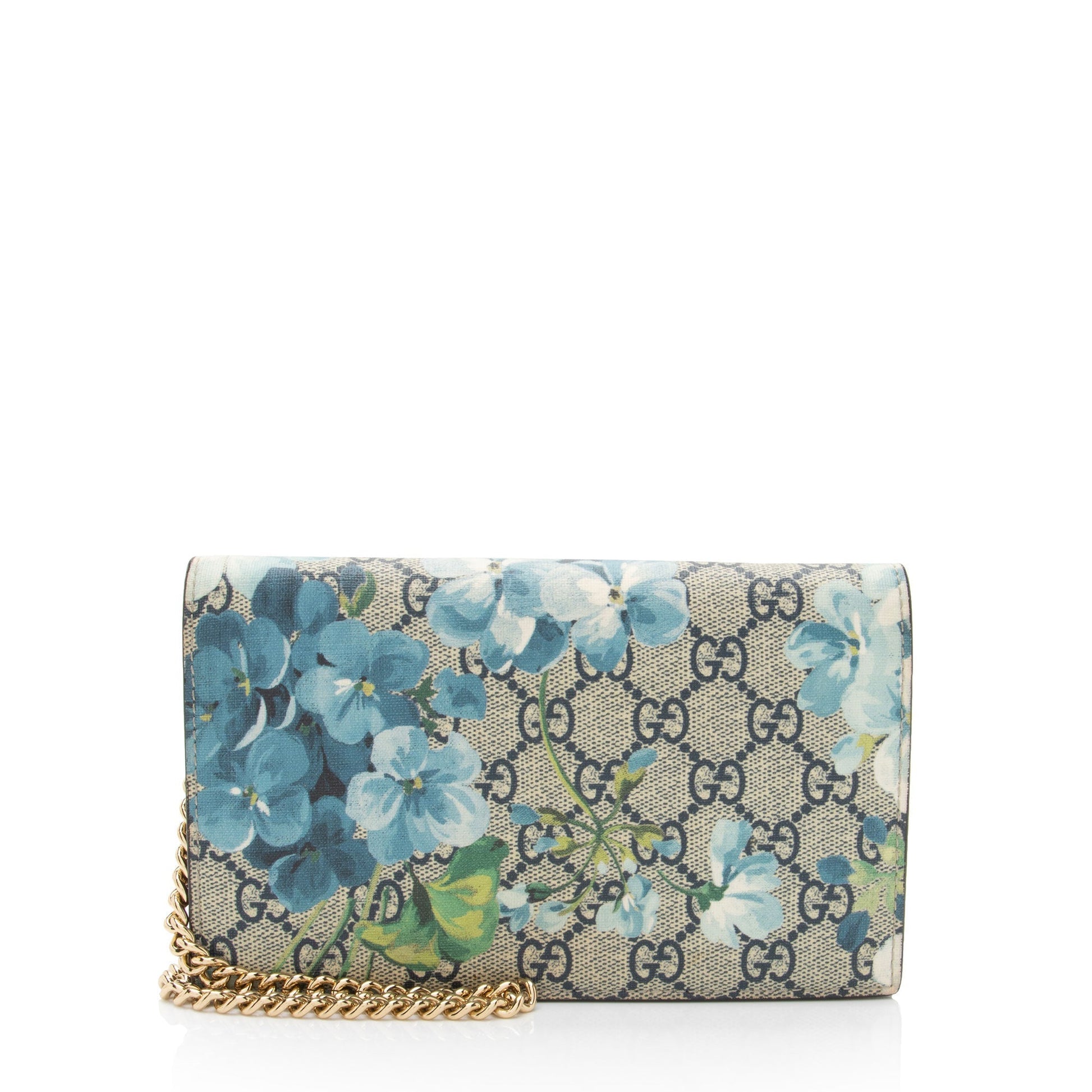 Gucci GG Supreme Blooms Wallet on Leather Canvas Beige Blue Crossbody Bag Shf Qnkgun