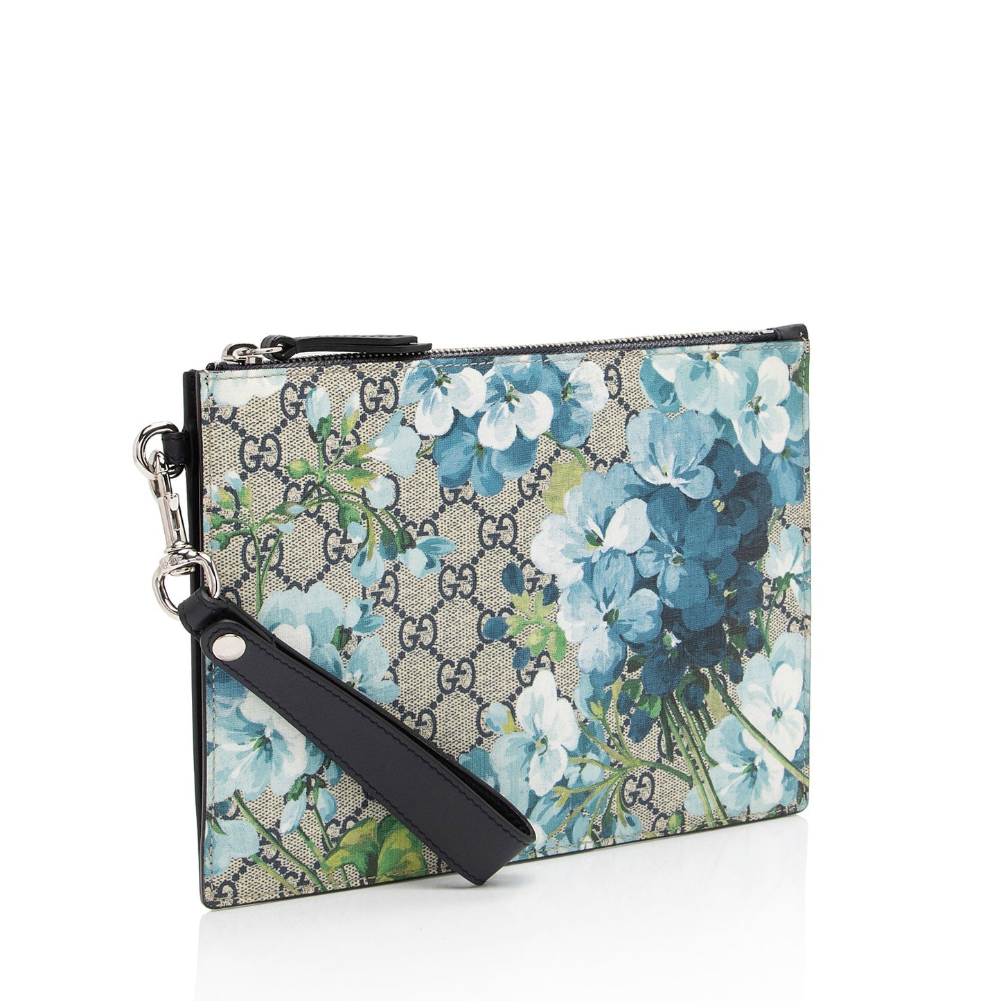 Gucci GG Supreme Blooms Wristlet SHF-eh4xS1 Leather Canvas Beige Blue Clutch Bag