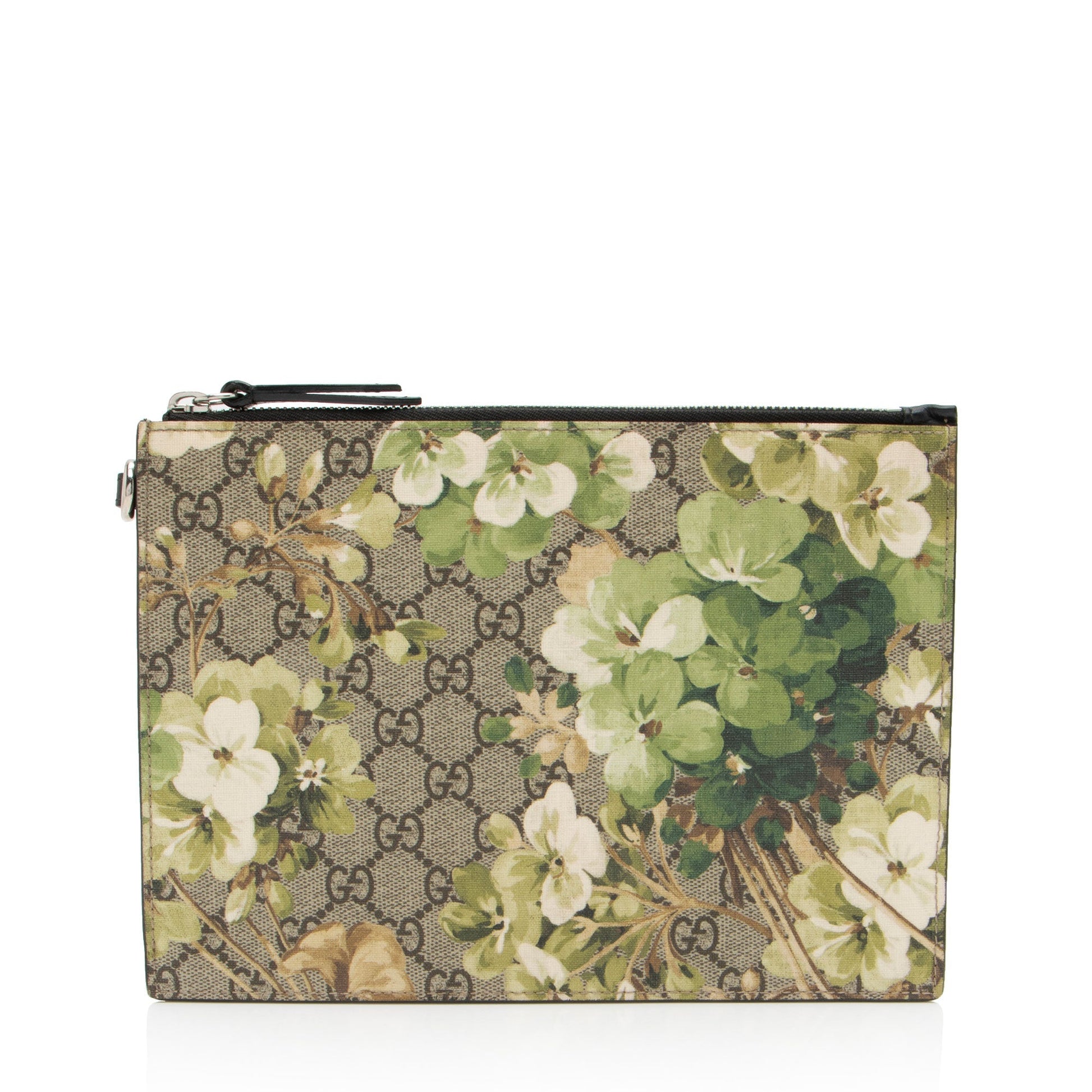 Gucci GG Supreme Blooms Wristlet Leather Canvas Brown Beige Clutch Bag