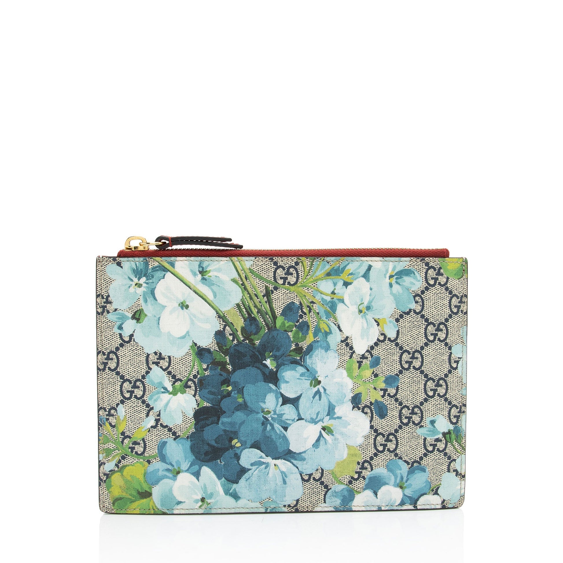 Gucci GG Supreme Blooms Zip Pouch Leather Canvas Beige Blue Clutch Bag