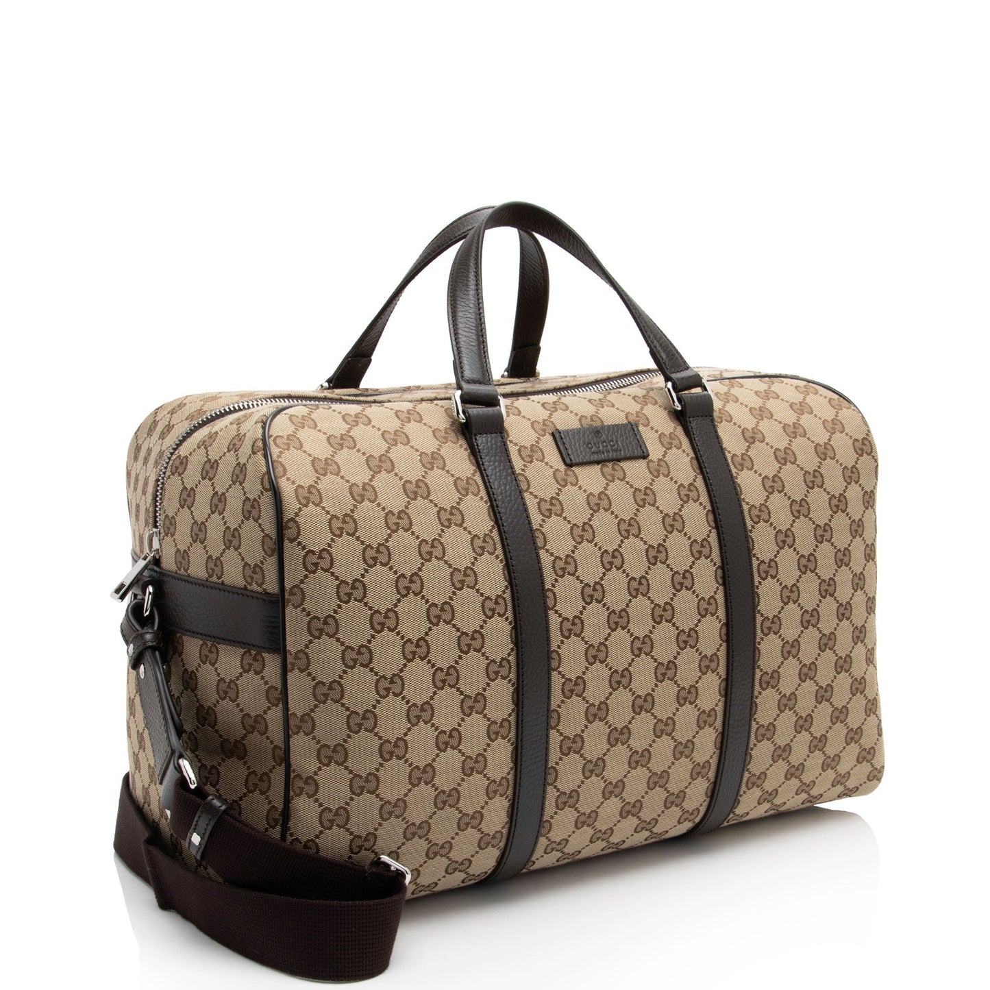 Gucci GG Duffle Leather Canvas Brown Beige Travel Bag