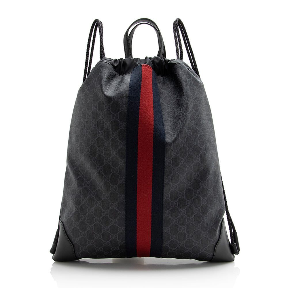 Gucci GG Supreme Drawstring Backpack SHF Leather Canvas Nylon Black Jewelry