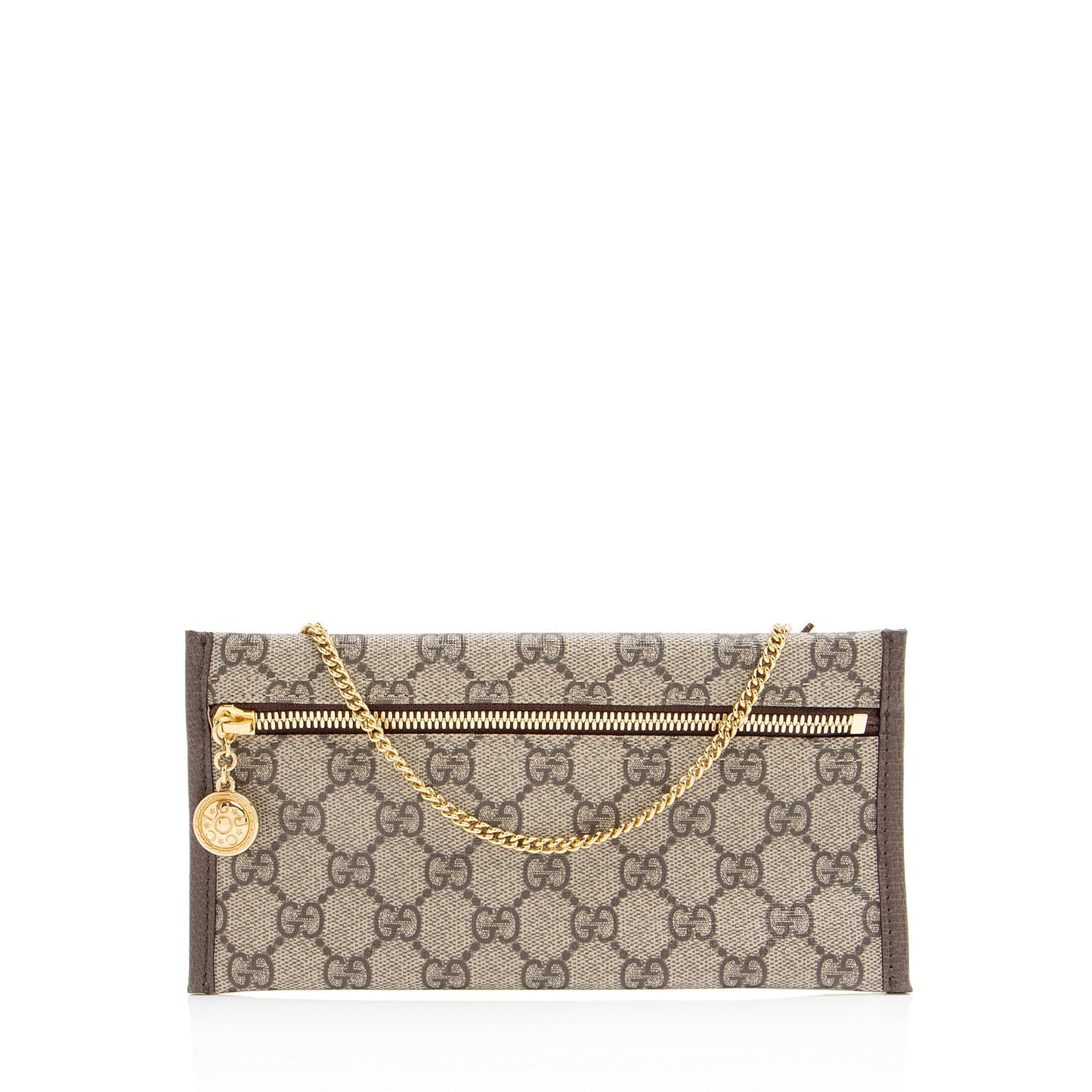 Gucci GG Supreme Chain Pochette Leather Canvas Brown Beige Clutch Bag