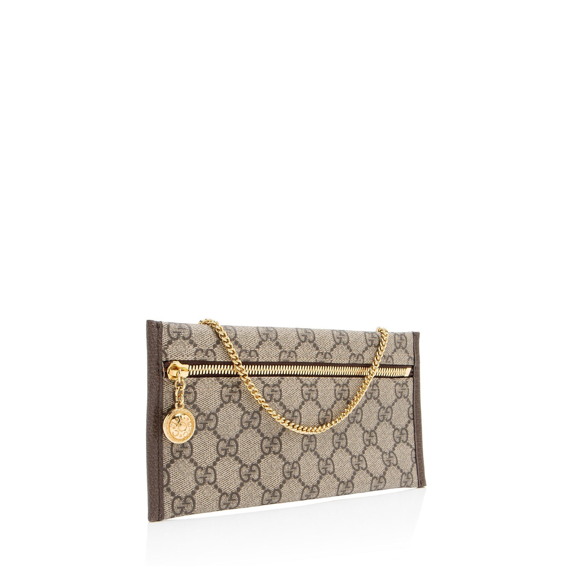 Gucci GG Supreme Chain Pochette Leather Canvas Brown Beige Clutch Bag