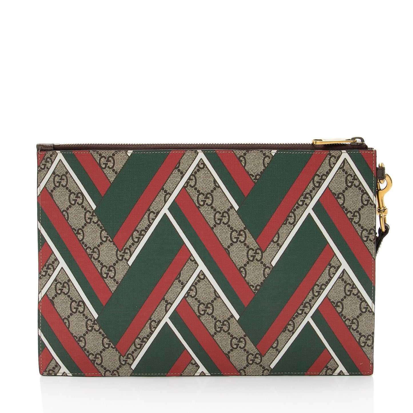 Gucci GG Supreme Chevron Zip Wristlet Leather Canvas White Brown Clutch Bag