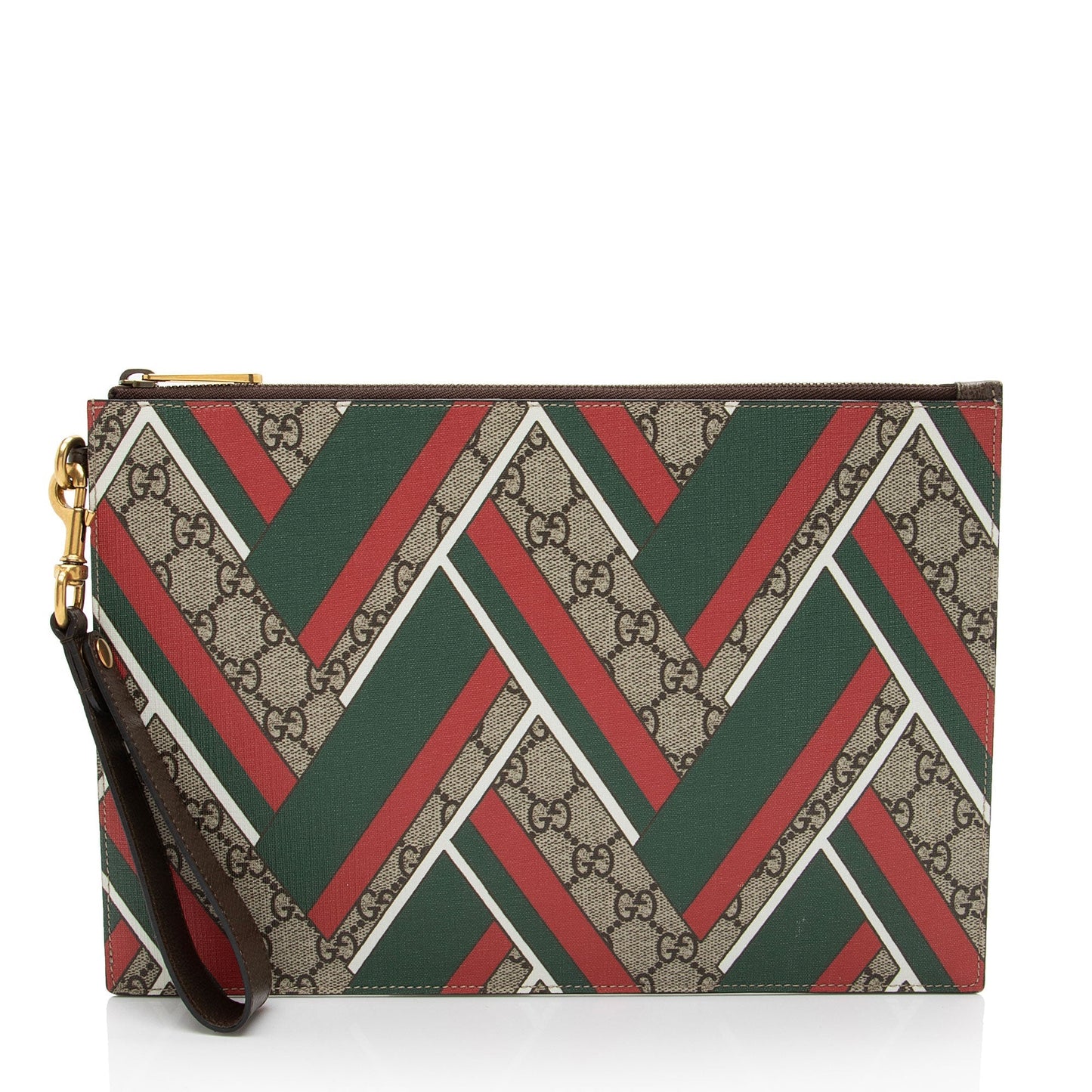 Gucci GG Supreme Chevron Zip Wristlet Leather Canvas White Brown Clutch Bag